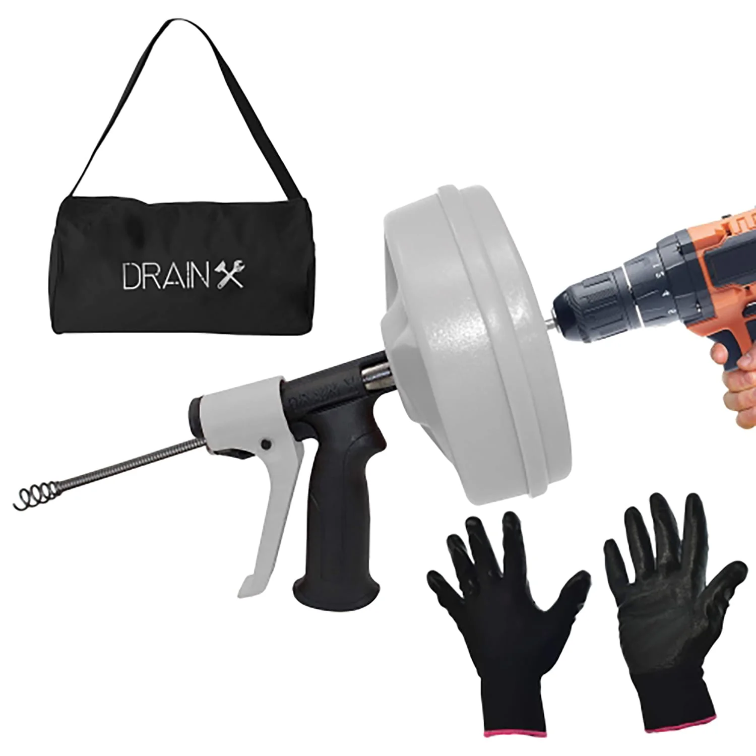 DrainX SPINFEED Drum Auger Drain Snake, Auto Extend and Retract, with Work Gloves and Carrying Bag, 50 Ft. - Image 4