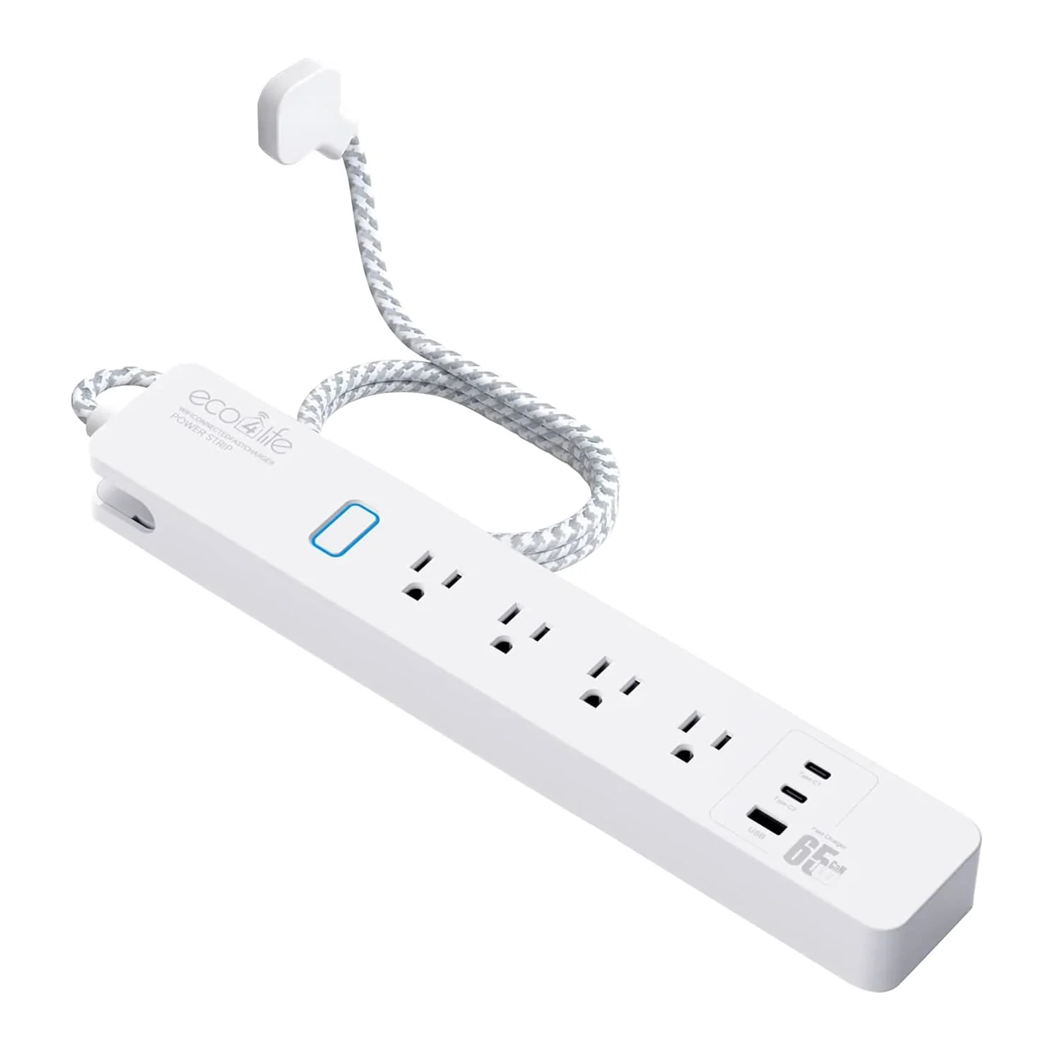 eco4life 4-AC Outlet and 3-USB Port 900-Joules Smart Wi-Fi Surge Protector Power Strip with 65-Watt GaN Fast Charging, 6-Ft. Cord, C380N