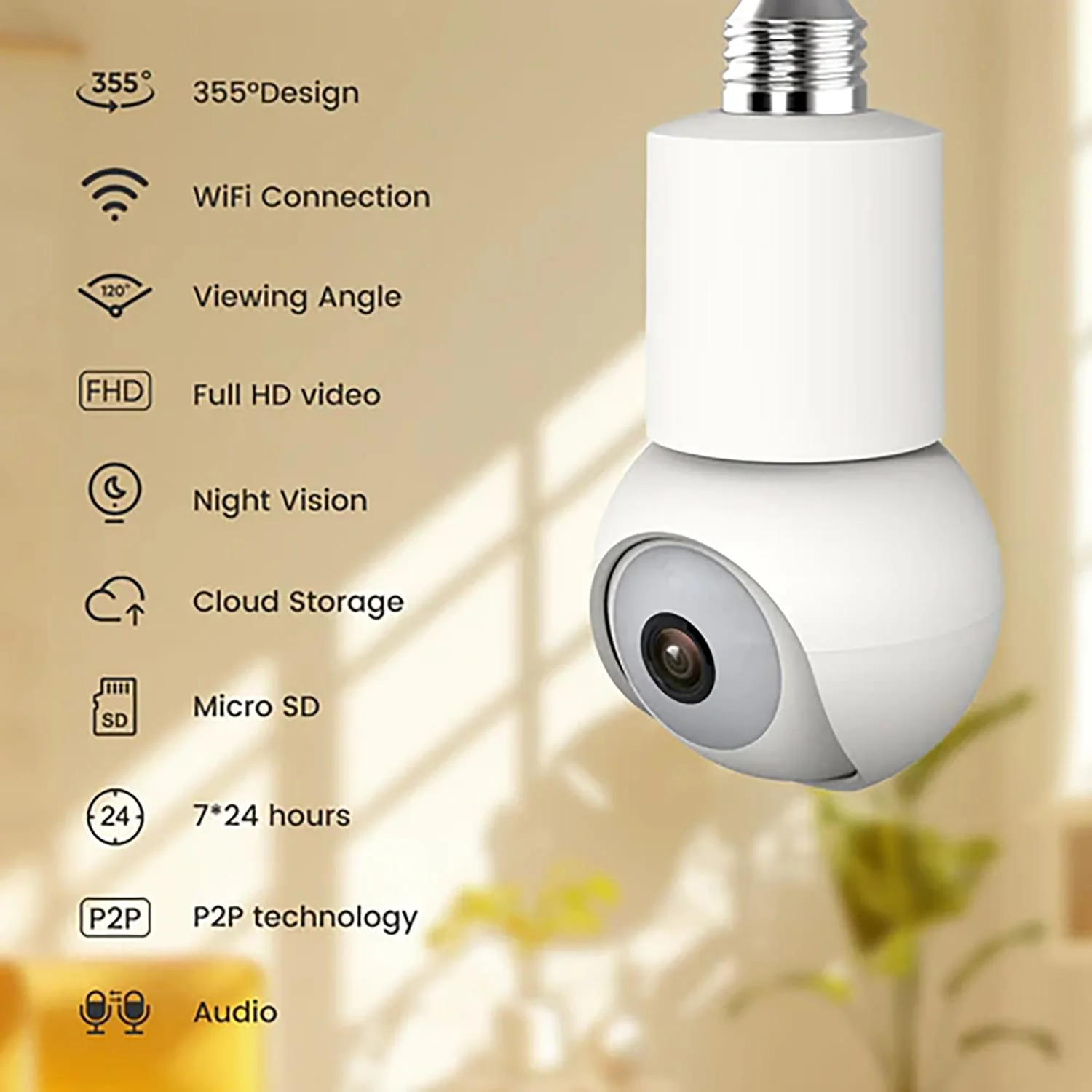 eco4life Wi-Fi 2K 1440p Smart PTZ Light Bulb Security Camera, SC-RIPC-2006 - Image 3