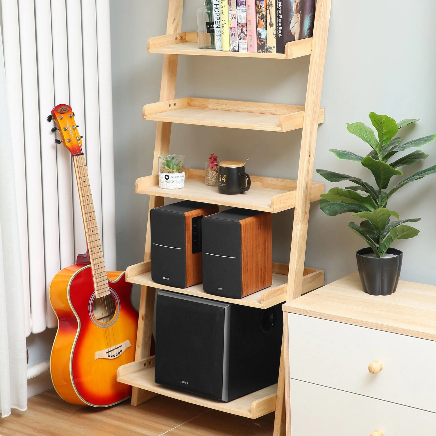 Edifier 42-Watt Continuous-Power Amplified Bluetooth Retro-Style Bookshelf Speaker System with Sub Out and Remote, R1280DBs, 2 Count, Brown - Image 2