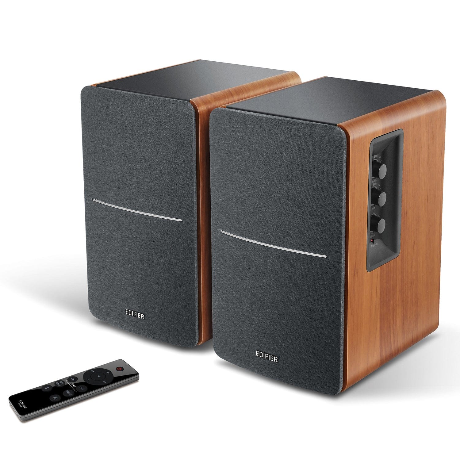 Edifier 42-Watt Continuous-Power Amplified Bluetooth Retro-Style Bookshelf Speaker System with Sub Out and Remote, R1280DBs, 2 Count, Brown - Image 5