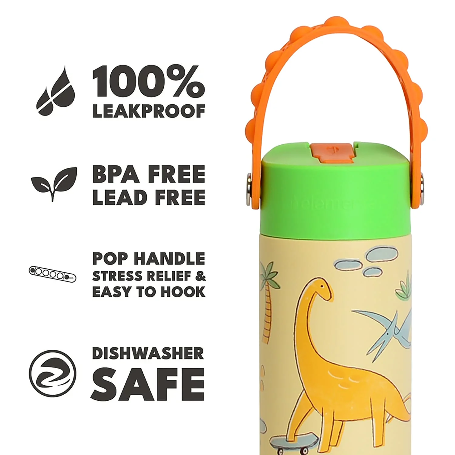 Elemental Core Pop Stainless Steel Water Bottle, 18 Oz., Skater Dinos - Image 2