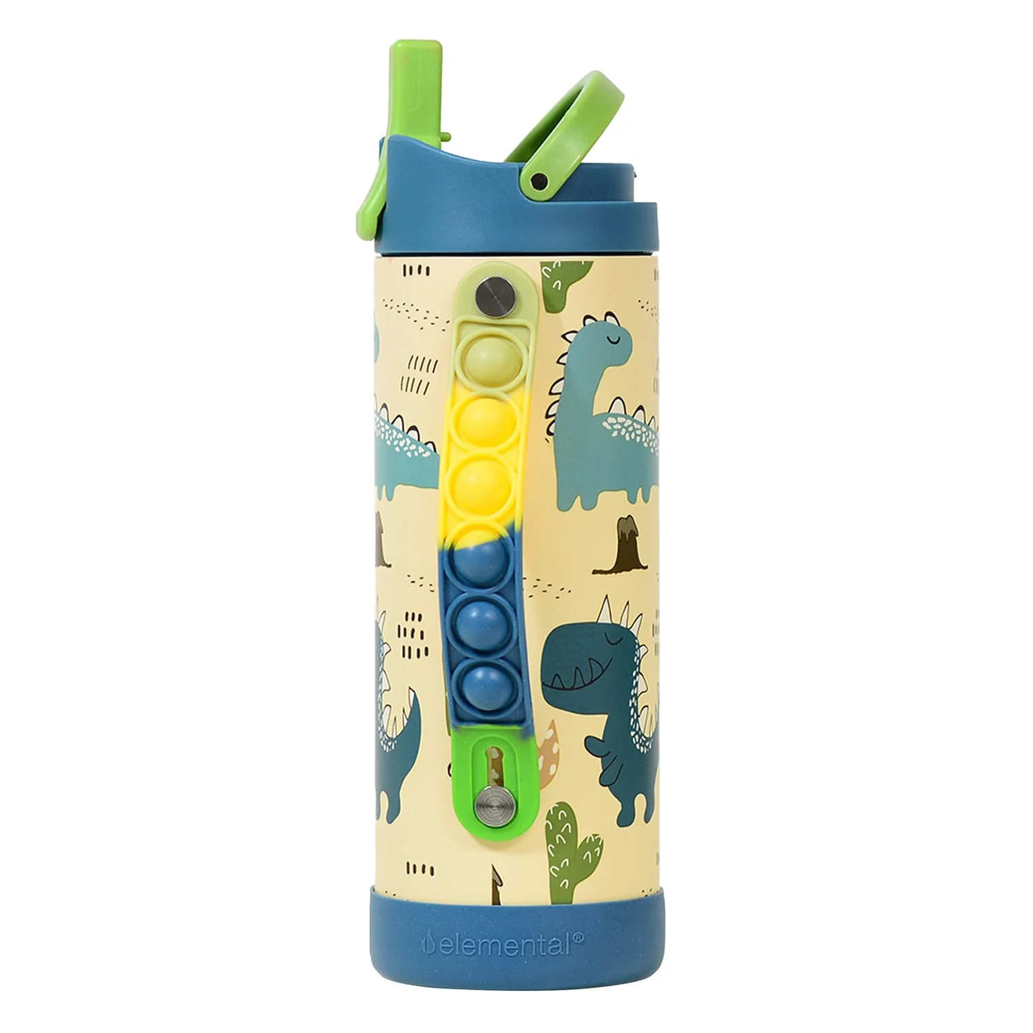 Elemental Iconic Pop Stainless Steel Fidget Water Bottle with Flip-open Sports Cap, 14 Oz., Dinosaur