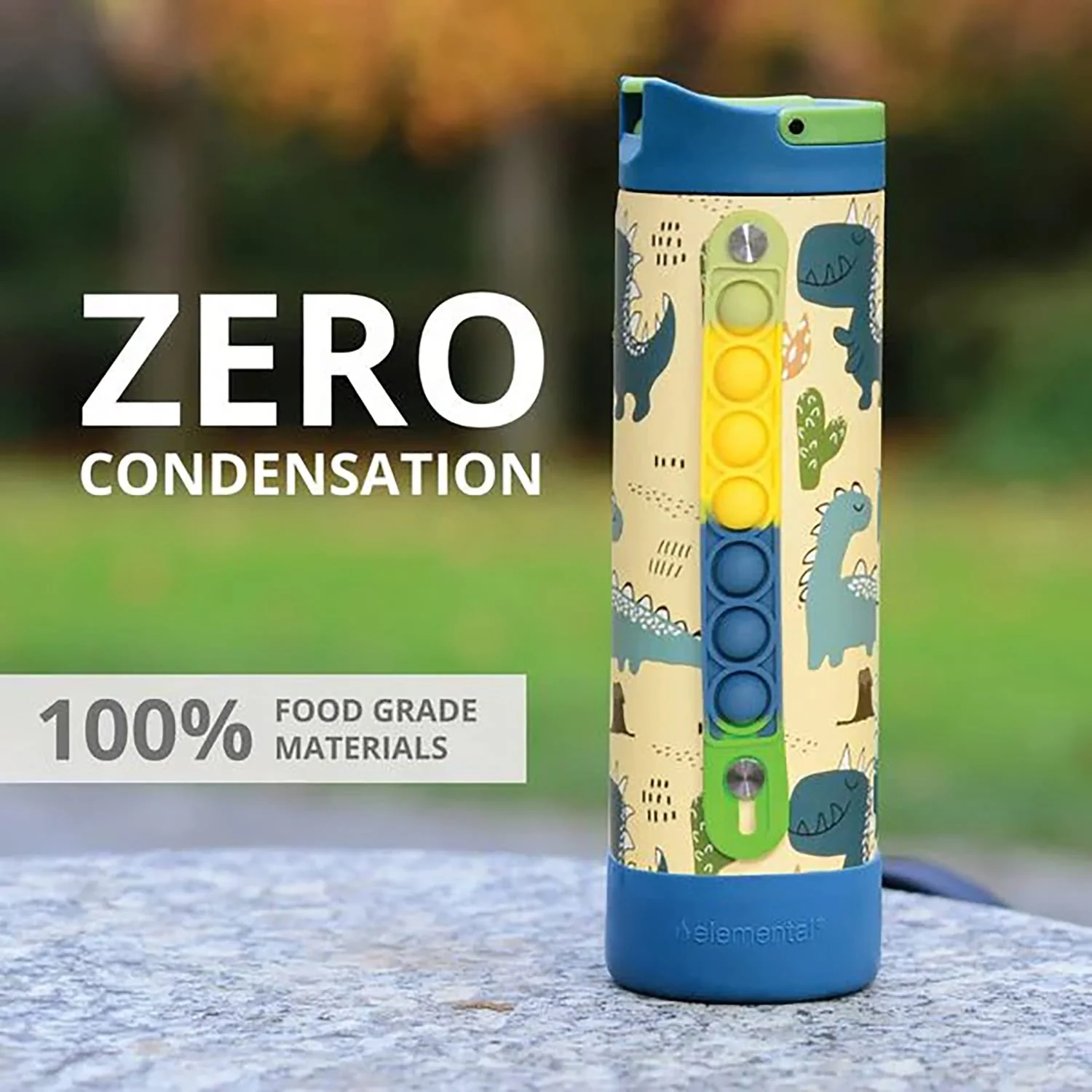 Elemental Iconic Pop Stainless Steel Fidget Water Bottle with Flip-open Sports Cap, 14 Oz., Dinosaur - Image 3