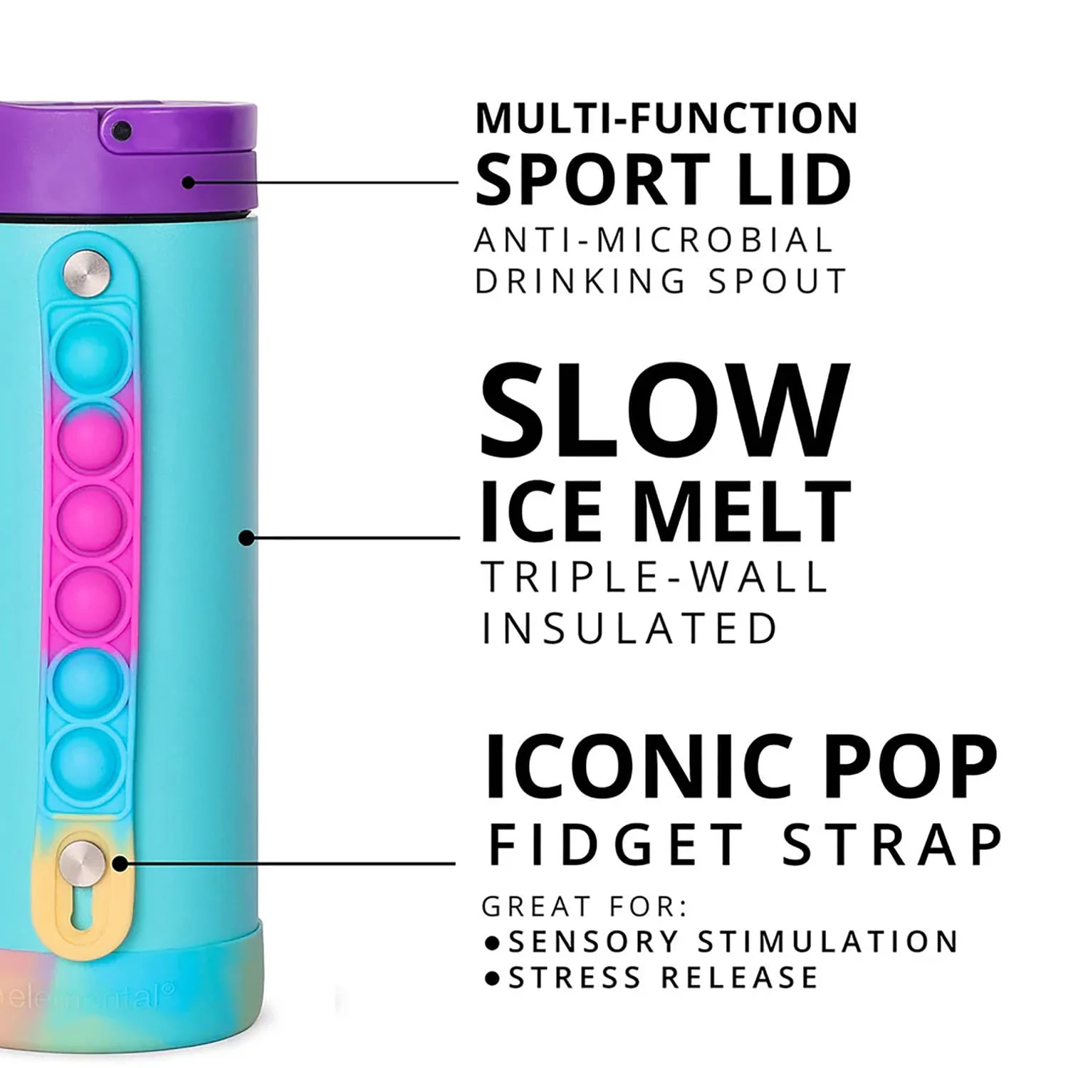 Elemental Iconic Pop Stainless Steel Fidget Water Bottle with Flip-open Sports Cap, 20 Oz., Blue Tie Dye - Image 4
