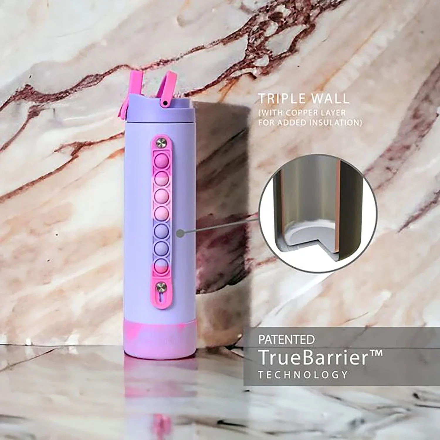Elemental Iconic Pop Stainless Steel Fidget Water Bottle with Flip-open Sports Cap, 20 Oz., Lilac Tie Dye - Image 3