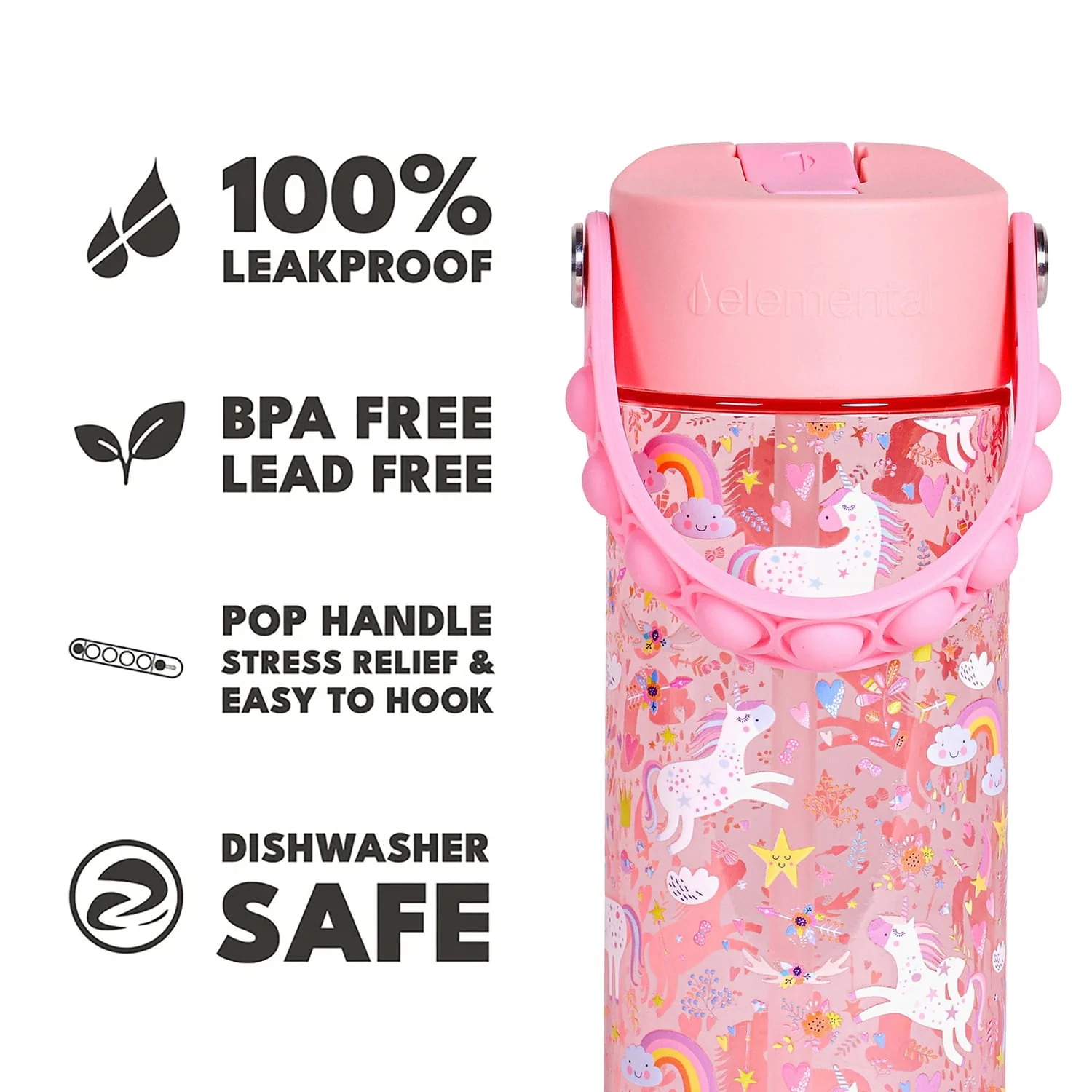 Elemental Splash Pop Tritan Water Bottle, 18 Oz., Pink Unicorn - Image 2