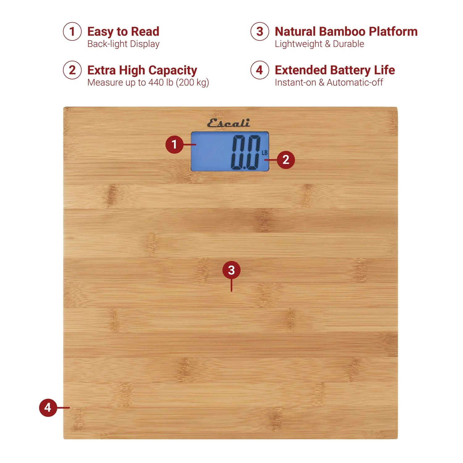 Escali Blue Back-light Display 400-lb Capacity Natural Bamboo Bathroom Scale - Image 2