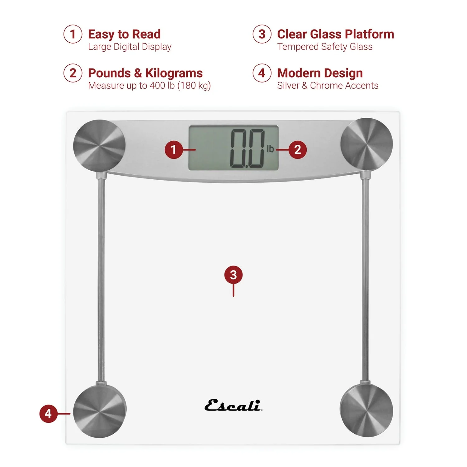 Escali Easy-to-Read Display 400-lb Capacity Chrome and Glass Bathroom Scale - Image 2