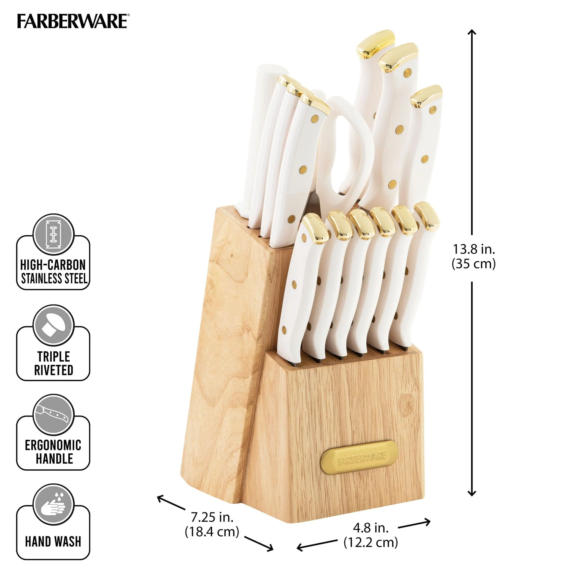 Farberware 15-Piece Triple Riveted Knife Block Set, High Carbon-Stainless Steel Kitchen Knives, Razor-Sharp Knife Set with Wood Block, White and Gold - Image 3
