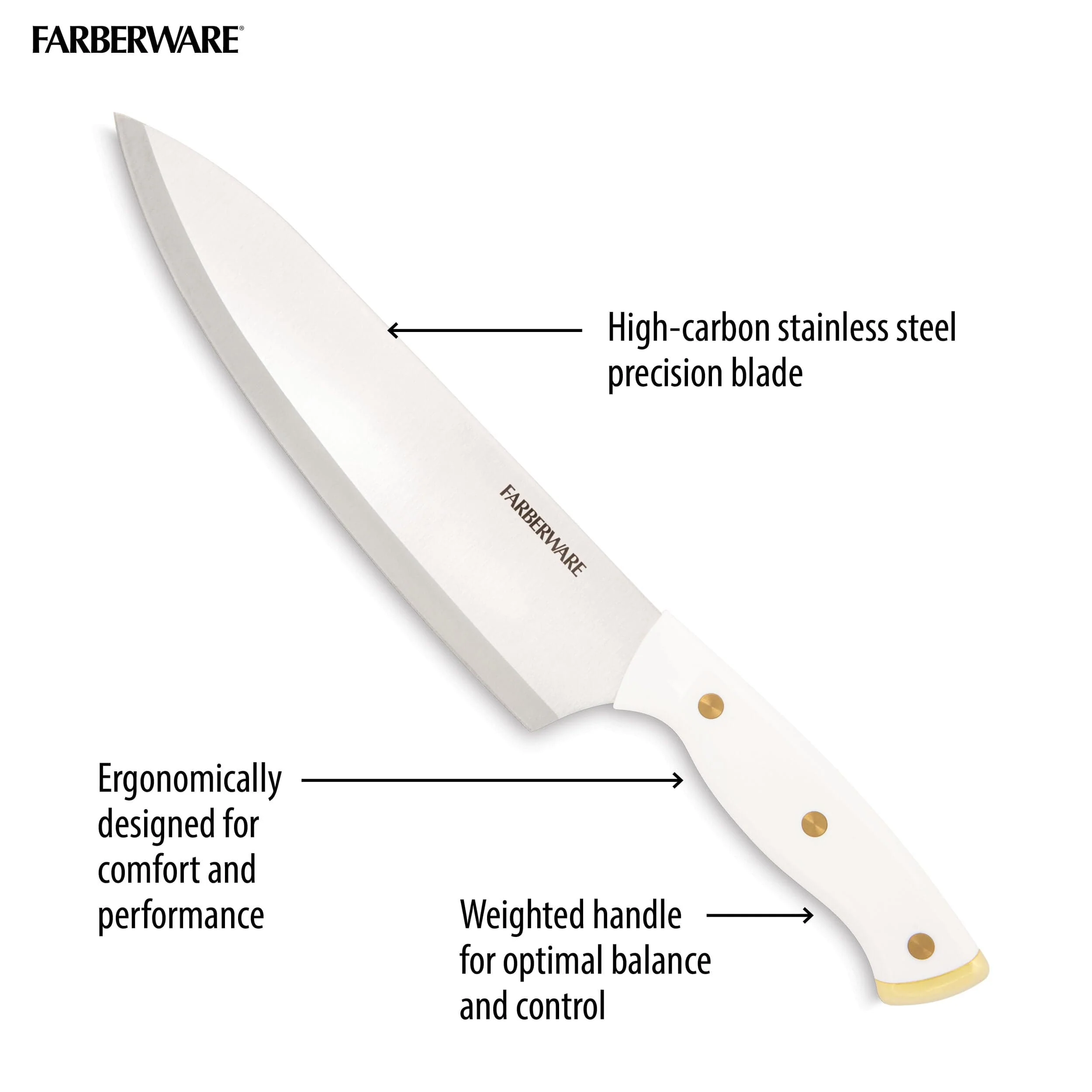 Farberware 15-Piece Triple Riveted Knife Block Set, High Carbon-Stainless Steel Kitchen Knives, Razor-Sharp Knife Set with Wood Block, White and Gold - Image 4