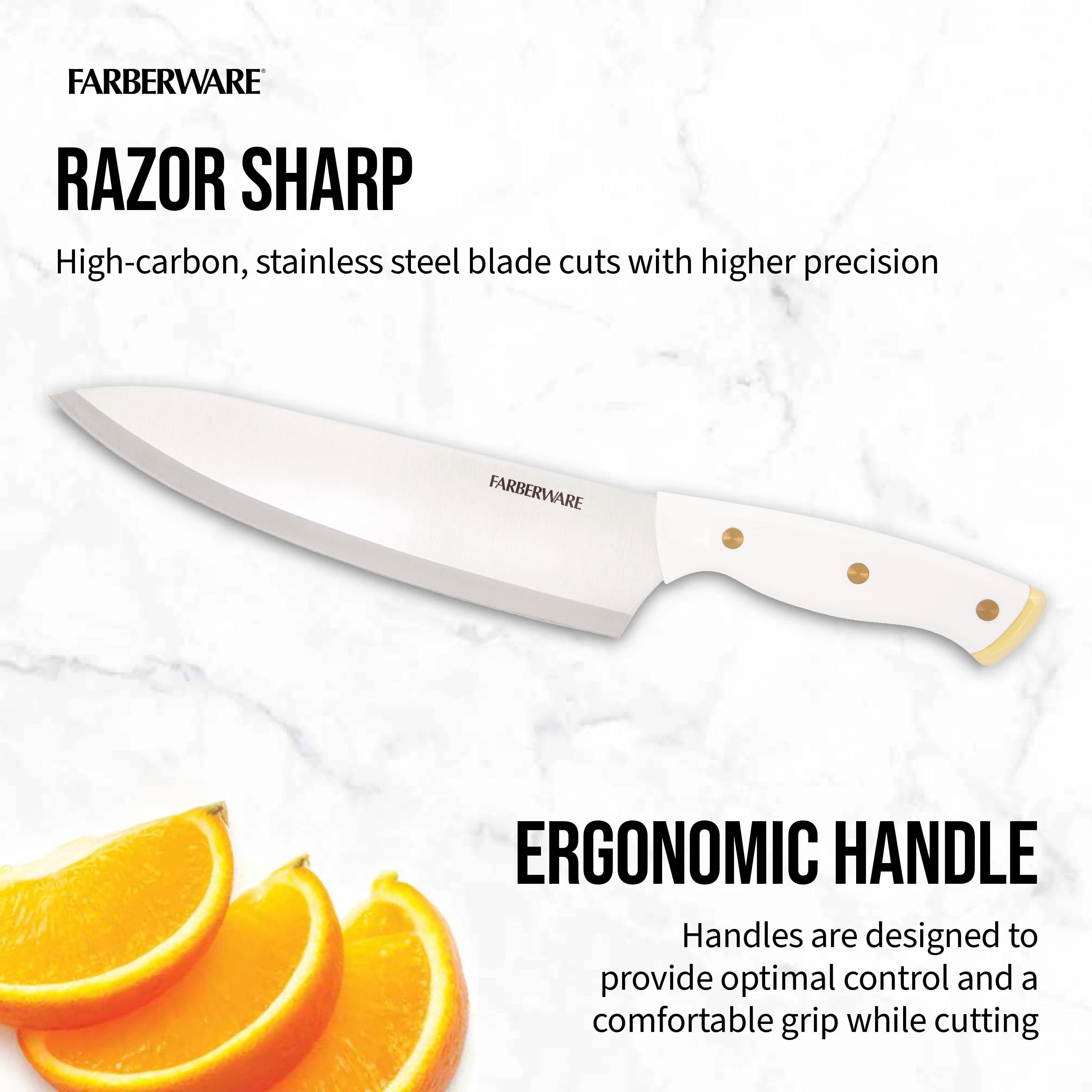 Farberware 15-Piece Triple Riveted Knife Block Set, High Carbon-Stainless Steel Kitchen Knives, Razor-Sharp Knife Set with Wood Block, White and Gold - Image 5