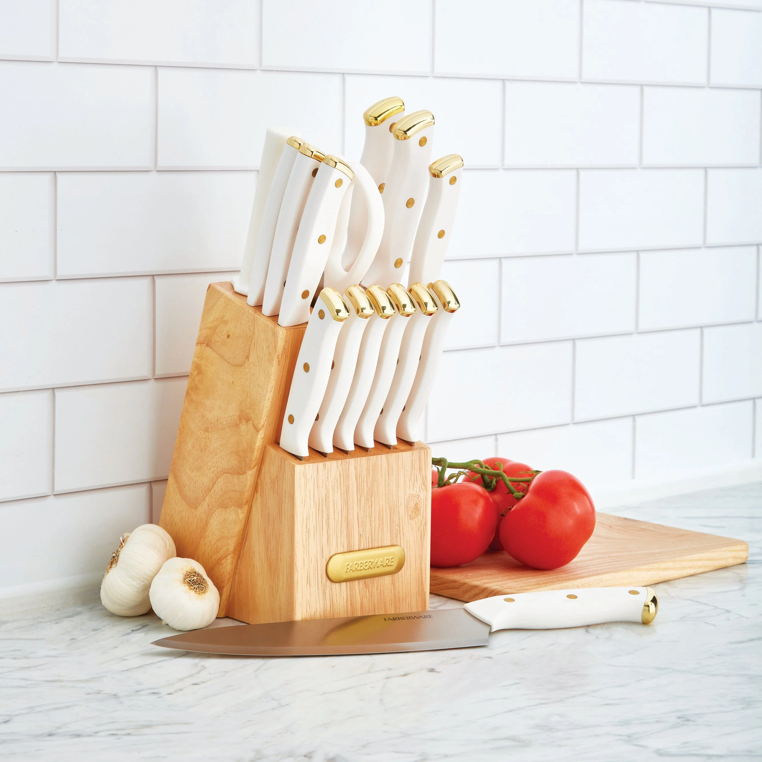 Farberware 15-Piece Triple Riveted Knife Block Set, High Carbon-Stainless Steel Kitchen Knives, Razor-Sharp Knife Set with Wood Block, White and Gold - Image 6