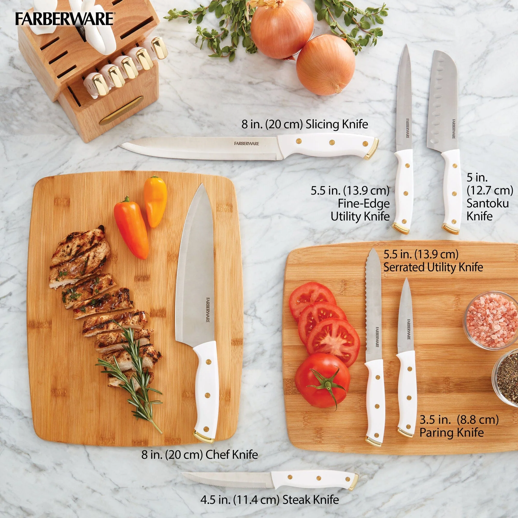 Farberware 15-Piece Triple Riveted Knife Block Set, High Carbon-Stainless Steel Kitchen Knives, Razor-Sharp Knife Set with Wood Block, White and Gold - Image 7