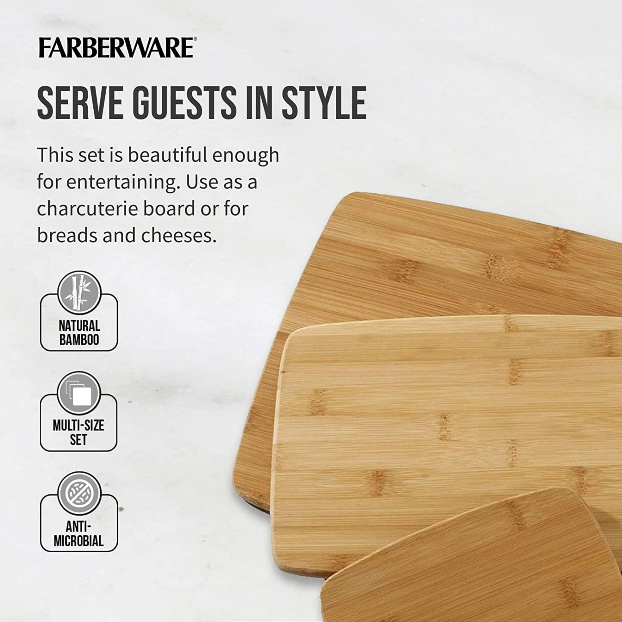 Farberware 3-Piece Kitchen Cutting Board Set, Reversible for Meal Prep + Serving, Charcuterie Board, Assorted Sizes, Bamboo - Image 7