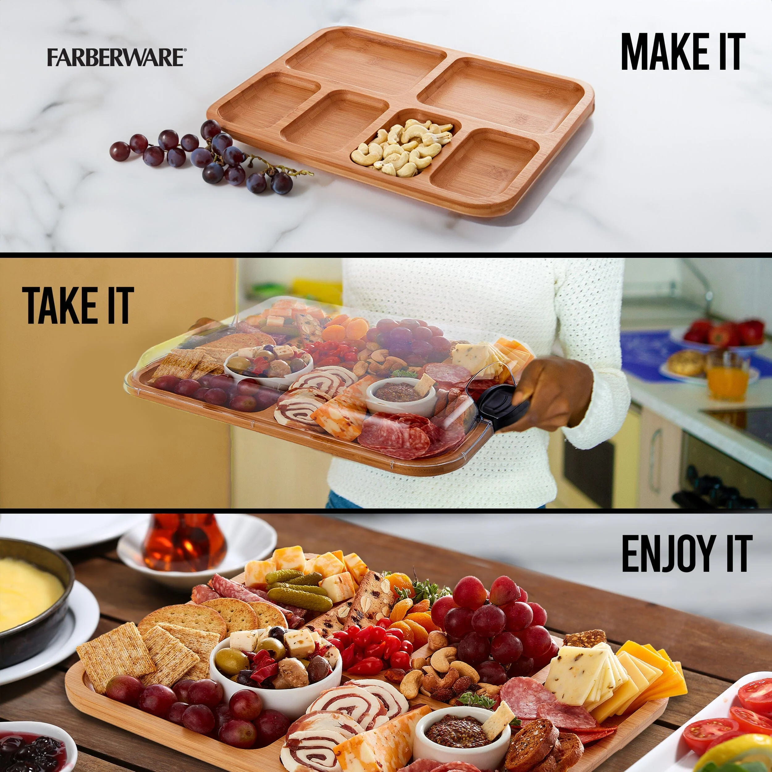 Farberware Build-a-Board Cutting Board with Compartments and Clear Locking Lid for Charcuterie, Snacks, and More-Make it. Take it. Enjoy it, 11x14 Inch, Bamboo - Image 4