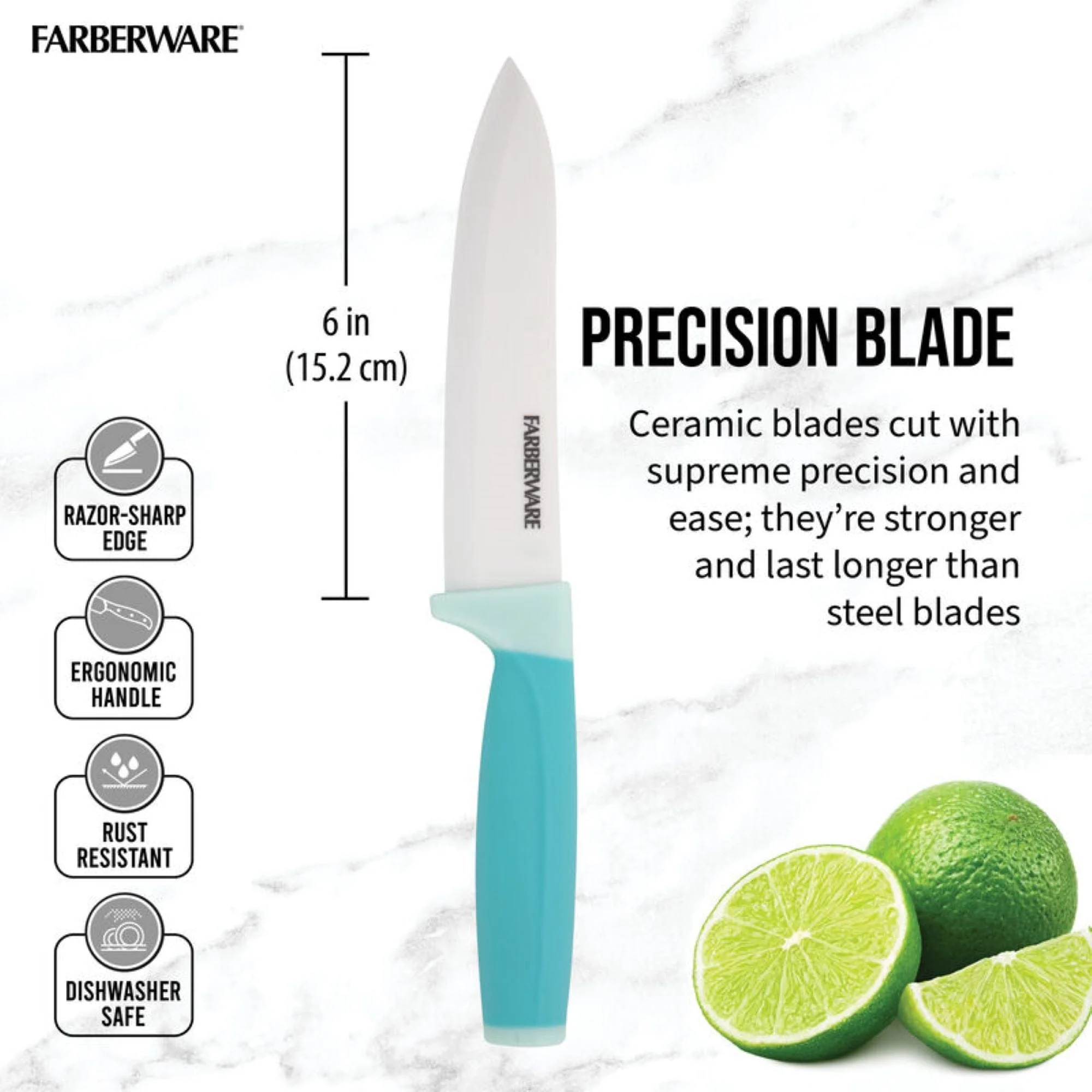 Farberware Ceramic Chef Knife with Custom-Fit Blade Cover, Razor-Sharp Kitchen Knife with Ergonomic, Soft-Grip Handle, Dishwasher-Safe, 6-inch, Aqua - Image 3