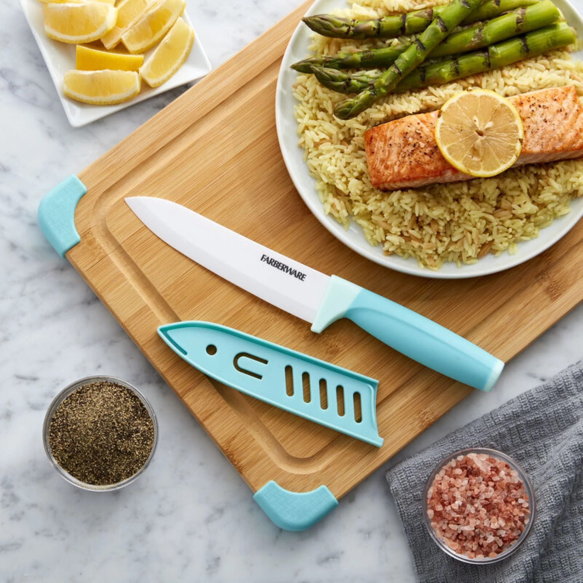 Farberware Ceramic Chef Knife with Custom-Fit Blade Cover, Razor-Sharp Kitchen Knife with Ergonomic, Soft-Grip Handle, Dishwasher-Safe, 6-inch, Aqua - Image 4