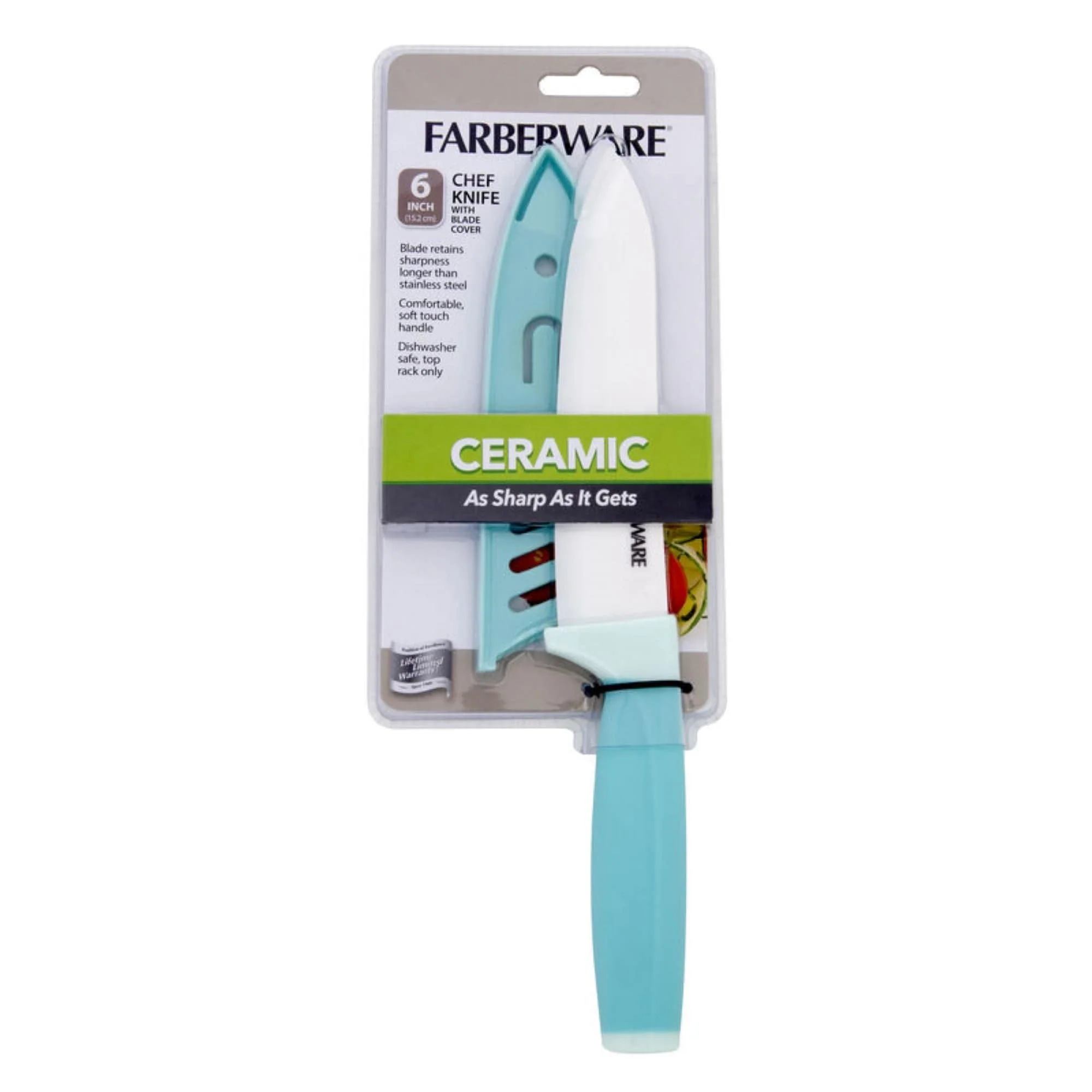 Farberware Ceramic Chef Knife with Custom-Fit Blade Cover, Razor-Sharp Kitchen Knife with Ergonomic, Soft-Grip Handle, Dishwasher-Safe, 6-inch, Aqua - Image 5