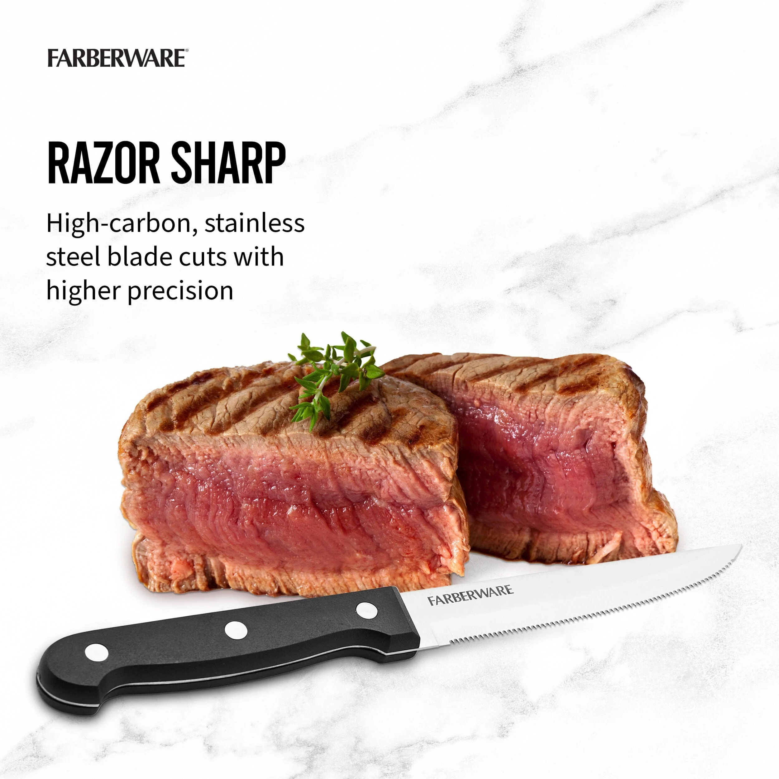 Farberware Full-Tang Triple Rivet 'Never Needs Sharpening' Stainless Steel Steak Knife Set, 4 Piece, Black - Image 3