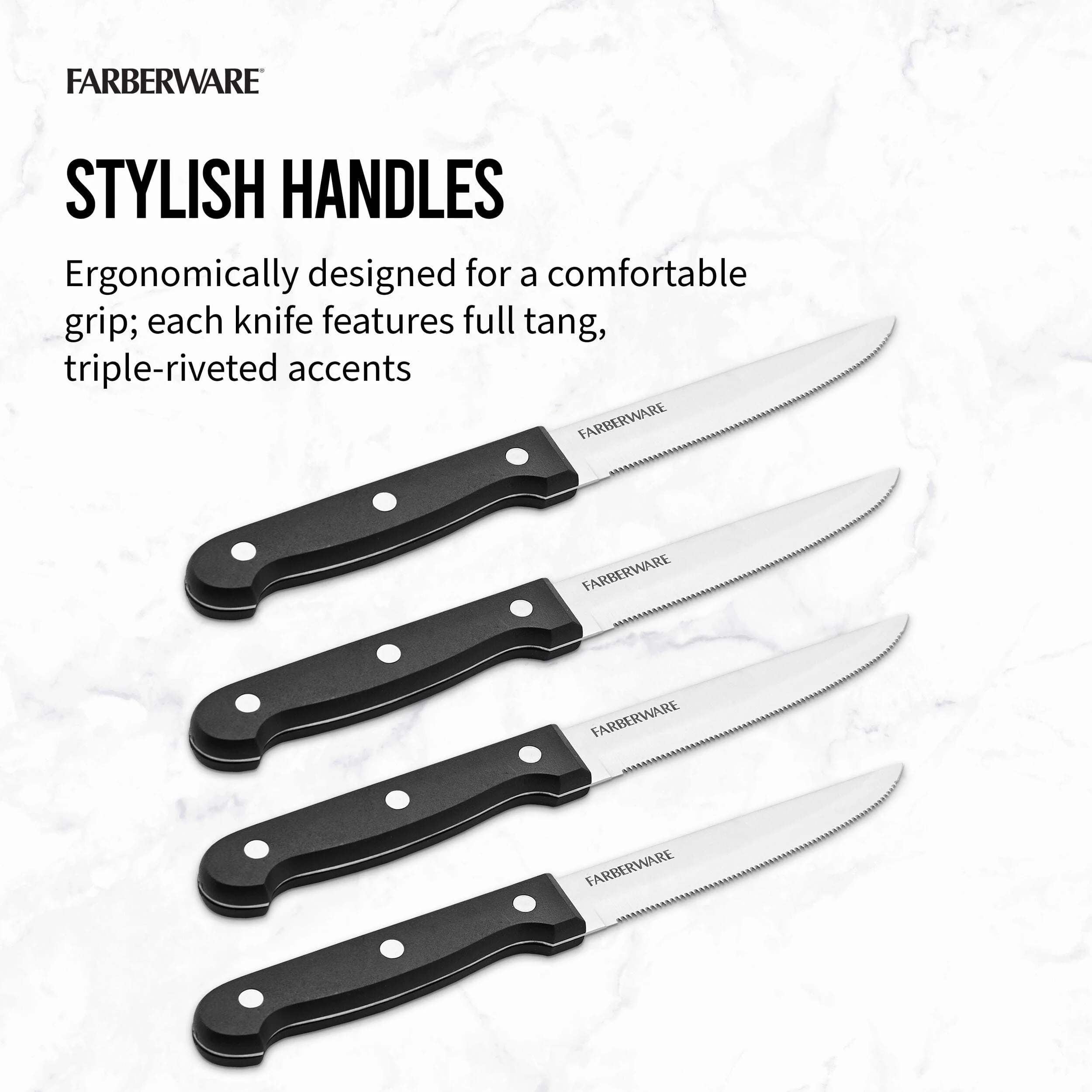 Farberware Full-Tang Triple Rivet 'Never Needs Sharpening' Stainless Steel Steak Knife Set, 4 Piece, Black - Image 4