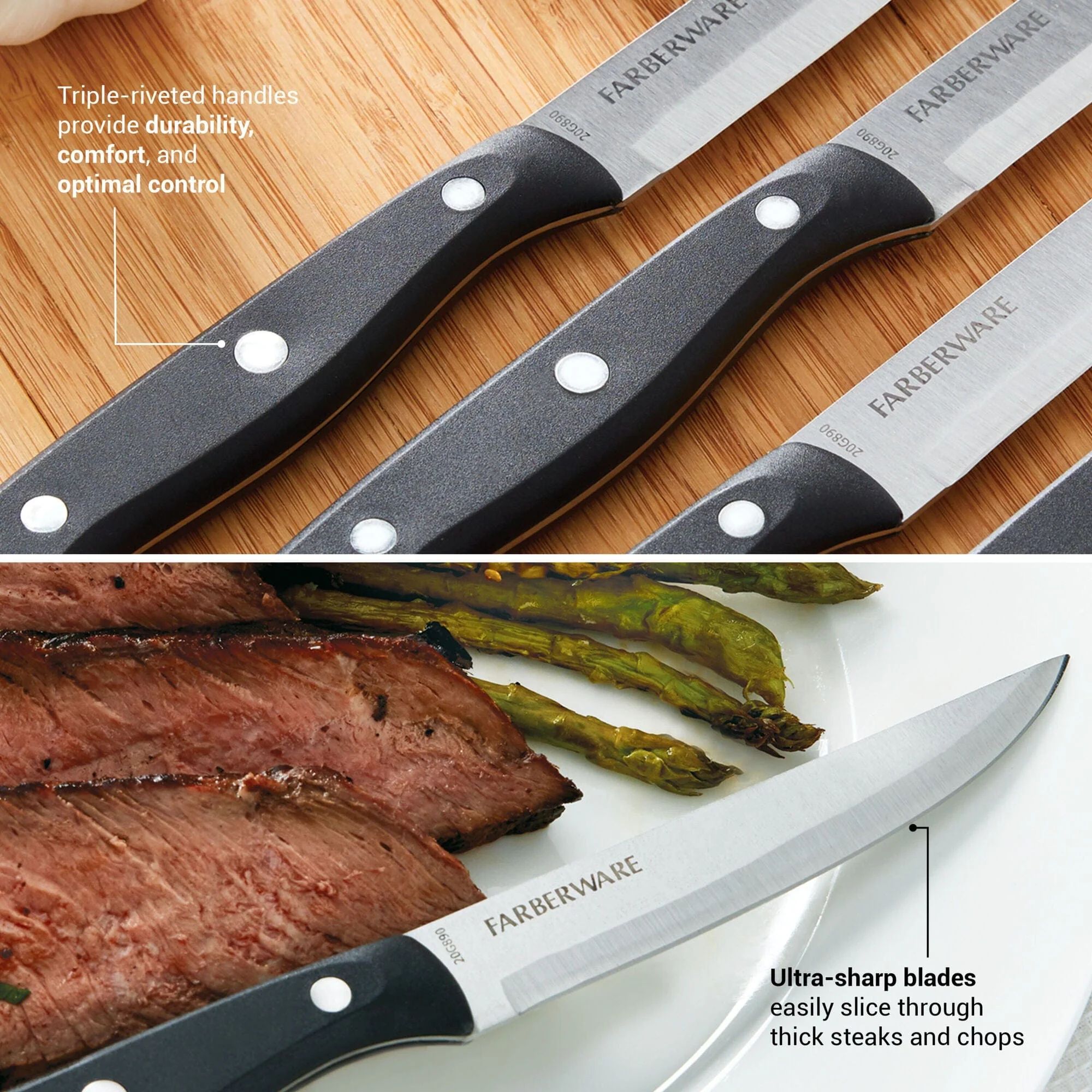 Farberware Full-Tang Triple-Riveted 8-Piece Steak Knife Set, High-Carbon Stainless Steel, Ergonomic Handles, Black - Image 3