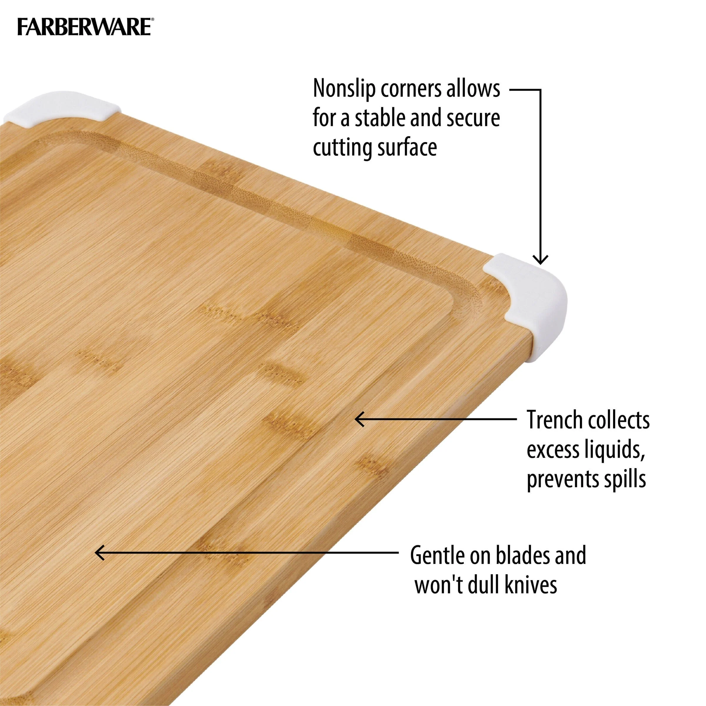 Farberware Nonslip Bamboo Cutting Board with Juice Groove, 11x14 Inch, White - Image 5