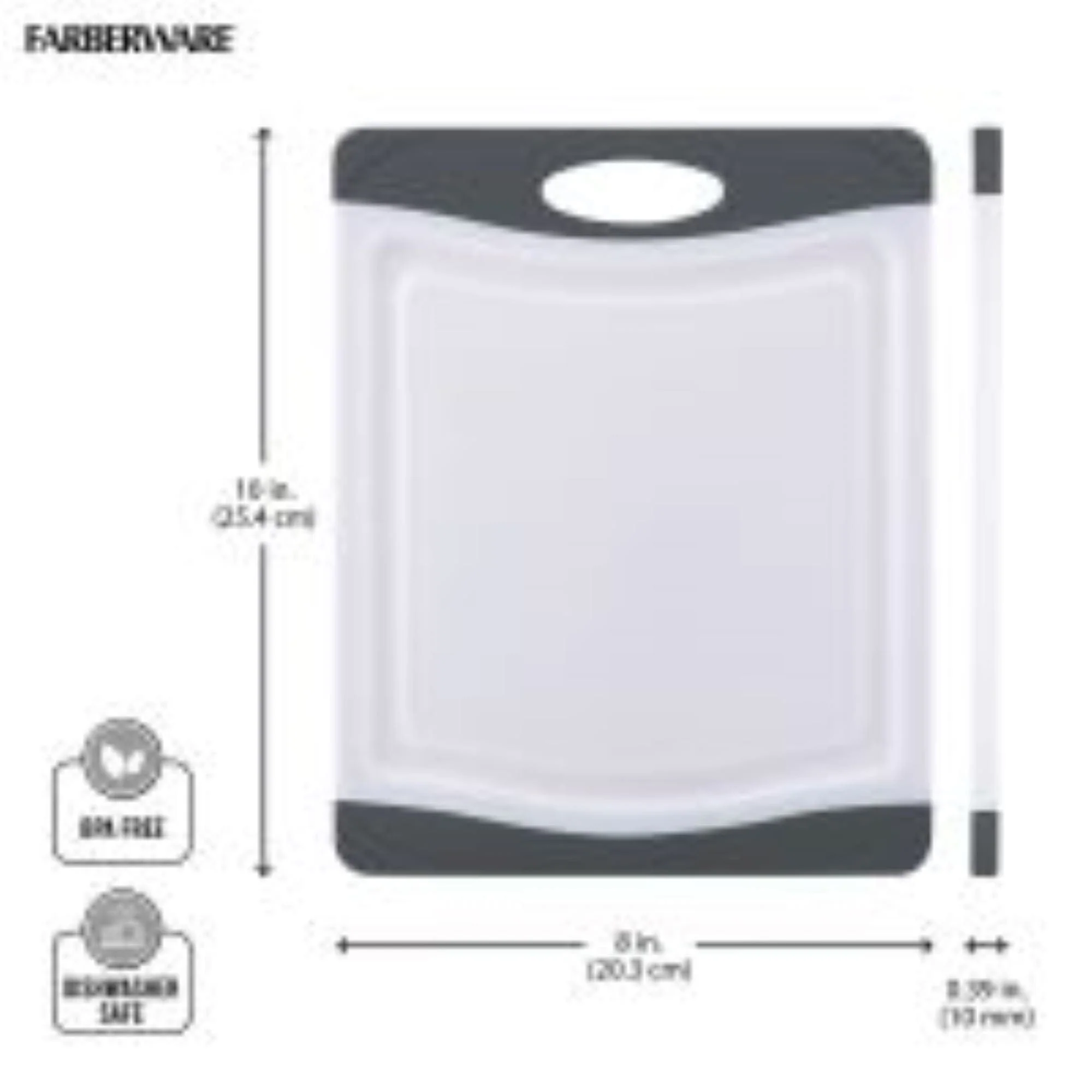 Farberware Plastic Cutting Board with Perimeter Juice Groove and Nonslip Edges, Dishwasher-Safe Kitchen Chopping Board with Easy-Grip Handle, 8x10-Inch, Gray and White - Image 3
