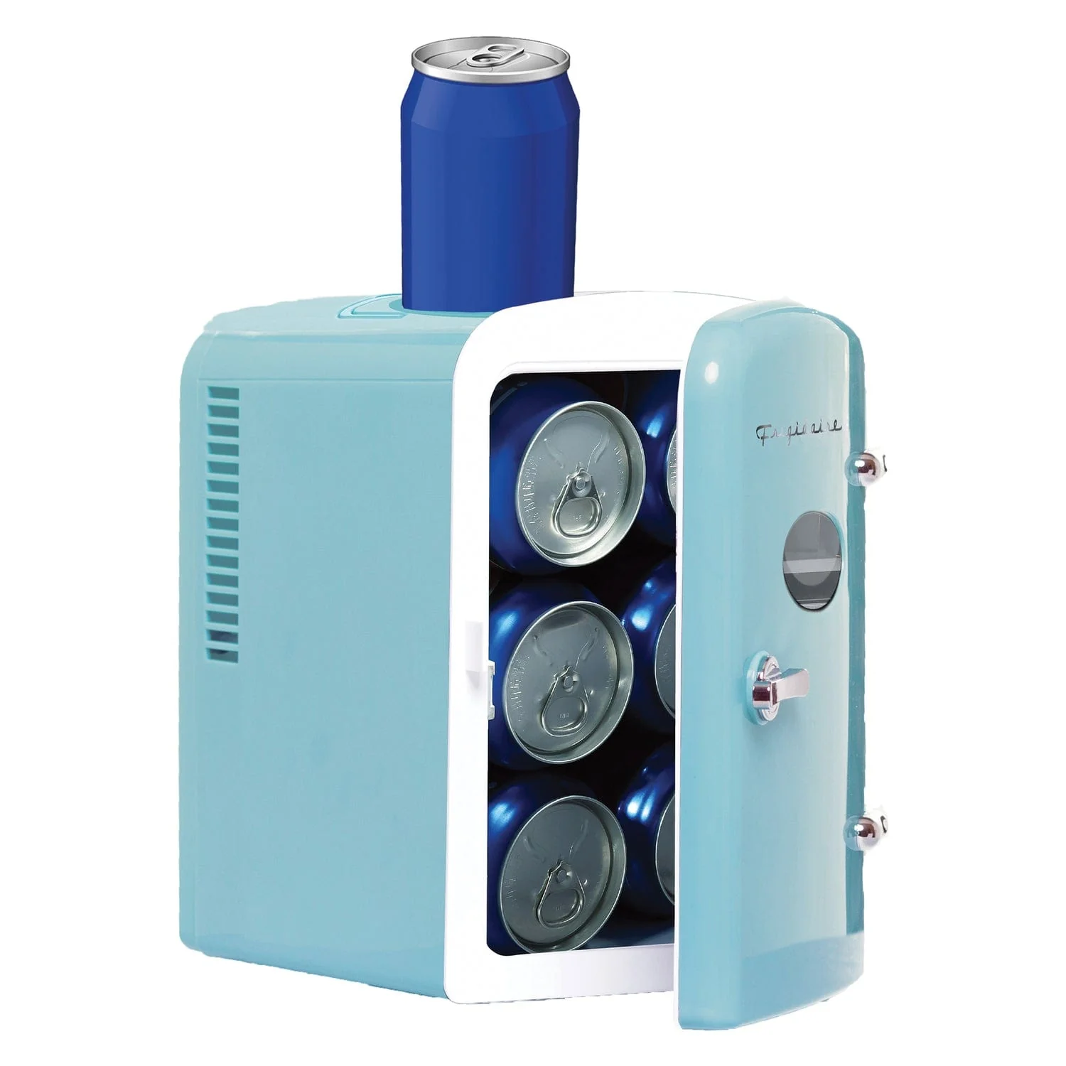 Frigidaire 6+1-Can 48-Watt Retro Mini Portable Fridge with Top-Mounted Active-Cooling Can Holder, Blue - Image 4
