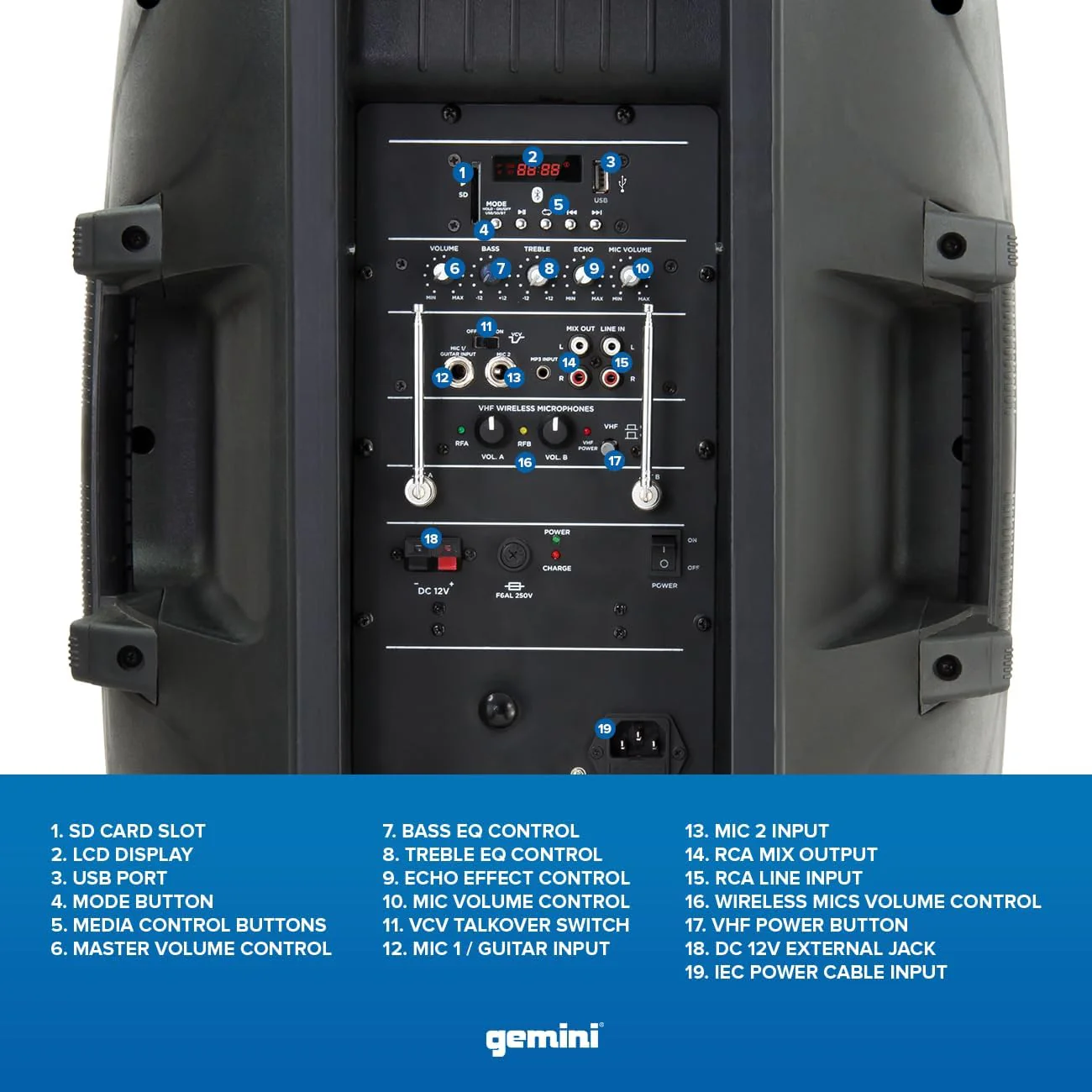 Gemini Indoor/Outdoor Battery Powered Loudspeaker System, Bluetooth, 800 Watts, Black - Image 3