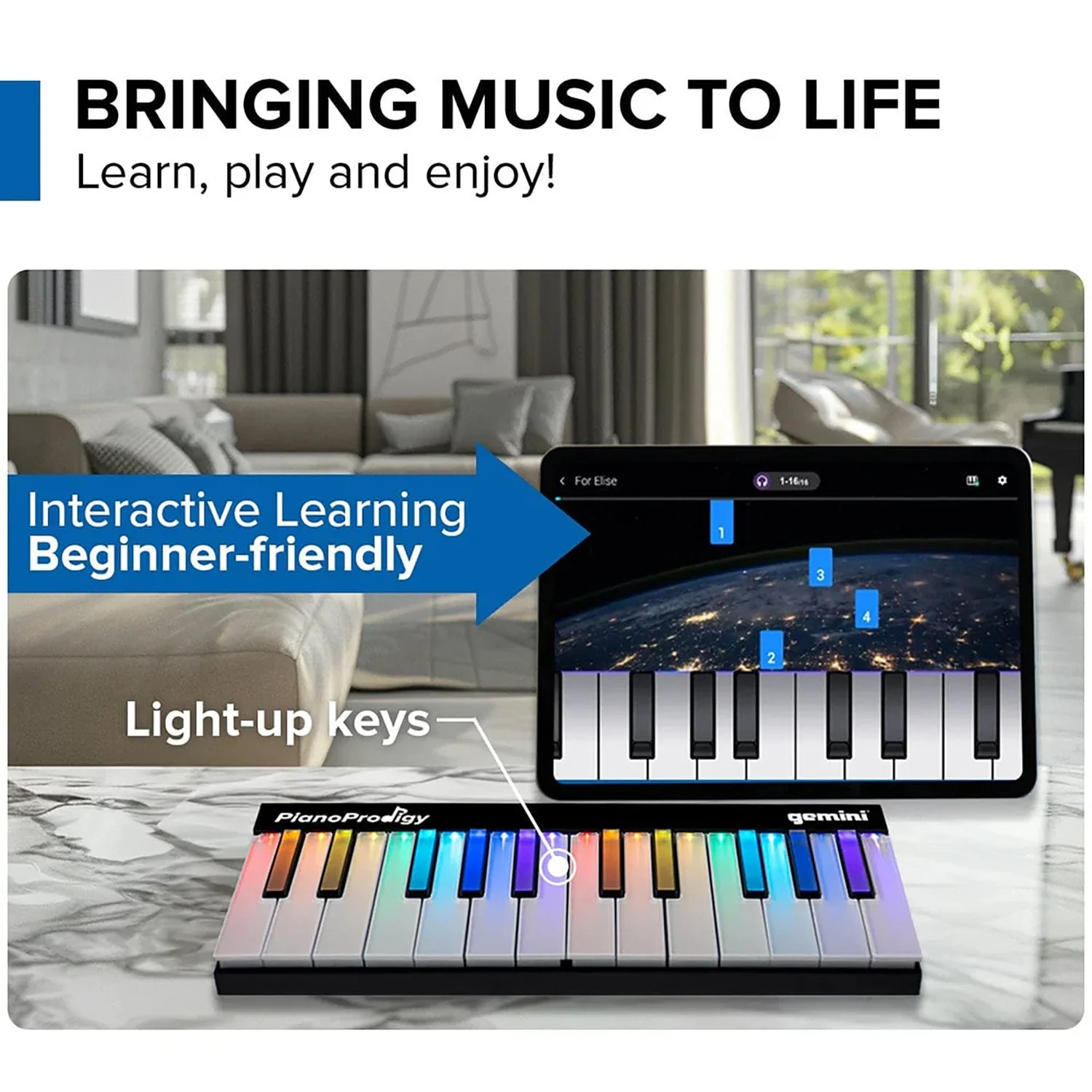Gemini GPP-101 PianoProdigy Expandable 24-Key Bluetooth MIDI Learning Keyboard with Light-up Keys - Image 4