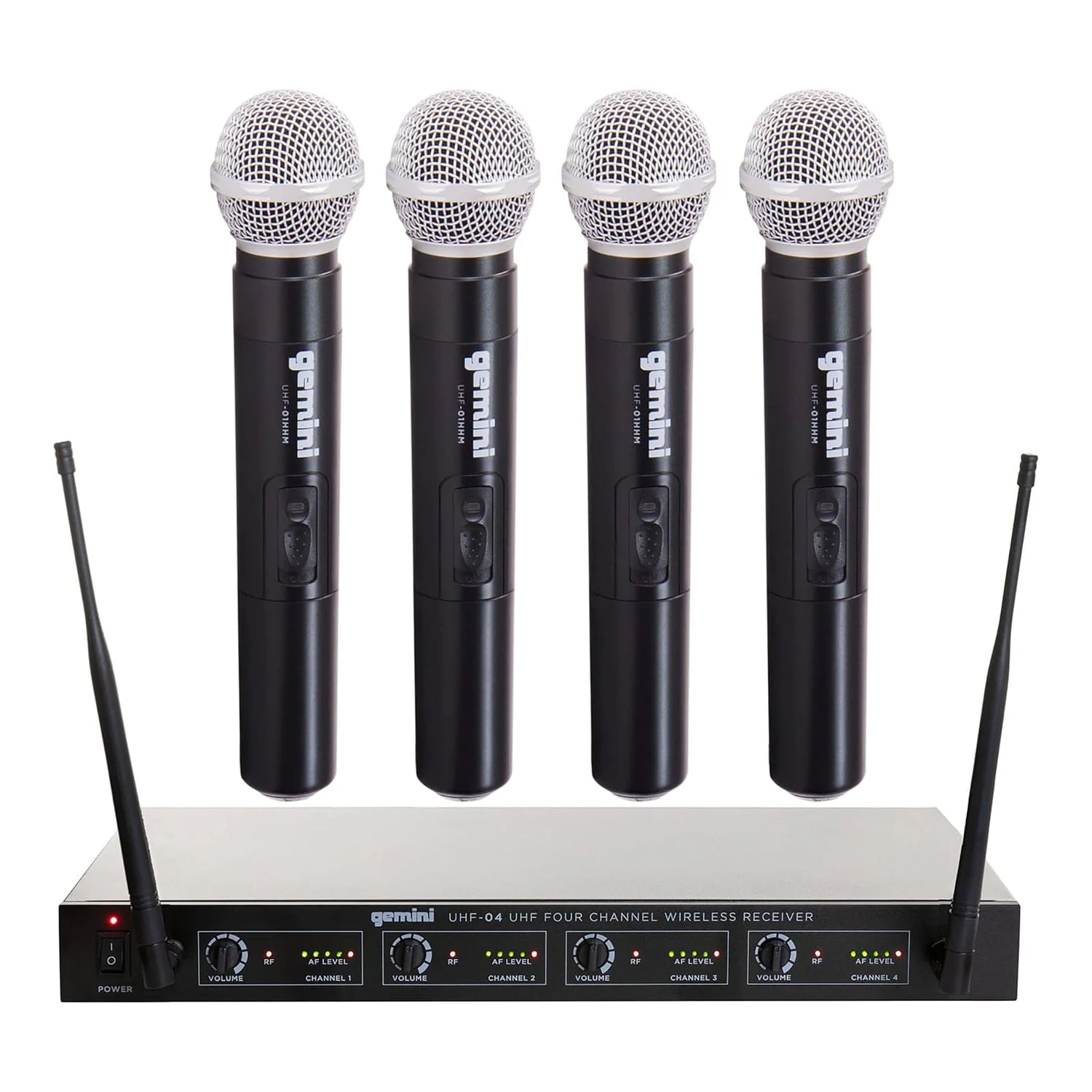 Gemini UHF-04M-S1234 UHF 4-Channel Wireless Microphone System with 4 Handheld Microphones and Receiver