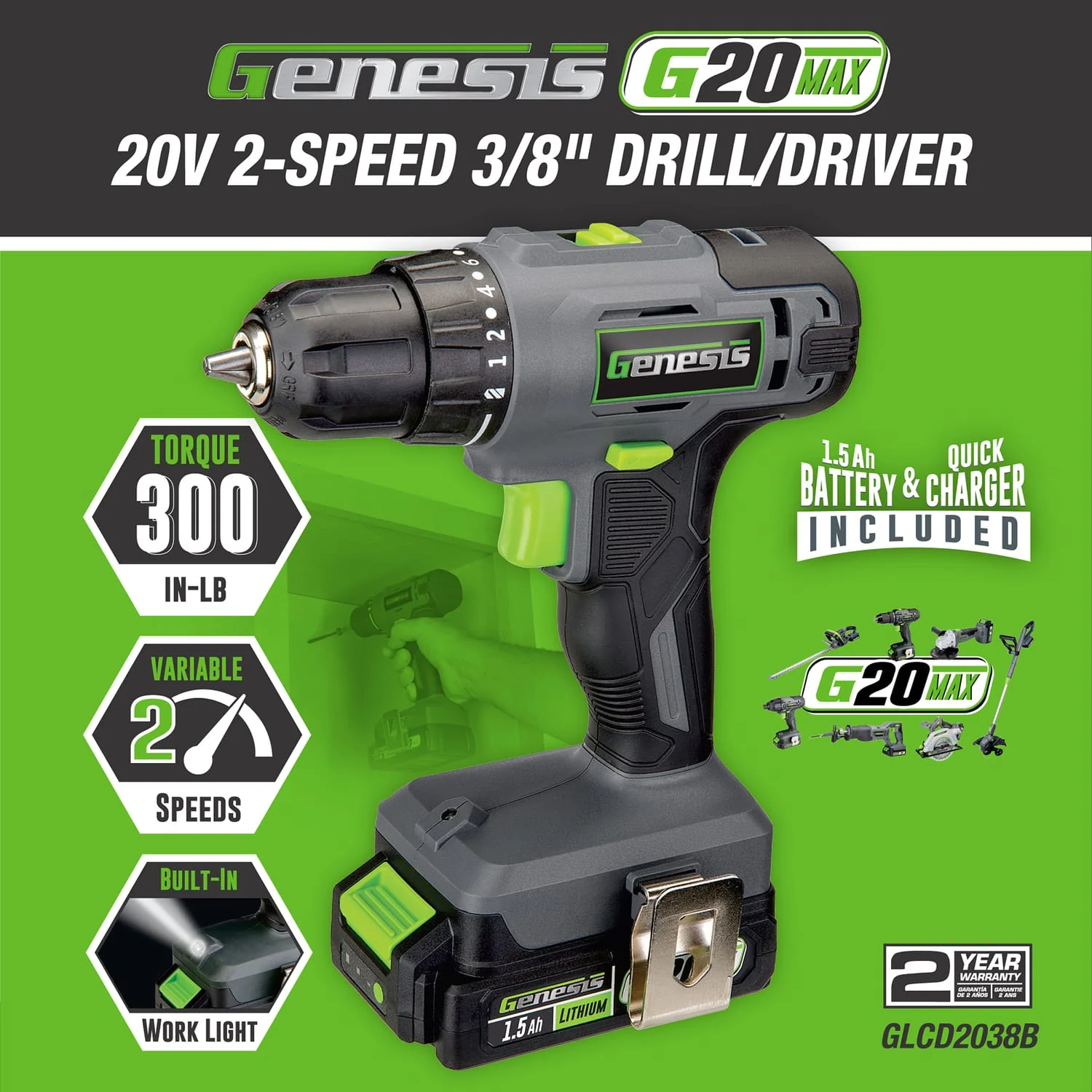Genesis G20MAX 20-Volt Cordless Li-Ion 2-Speed 3/8-In. Drill Driver, GLCD2038B - Image 4