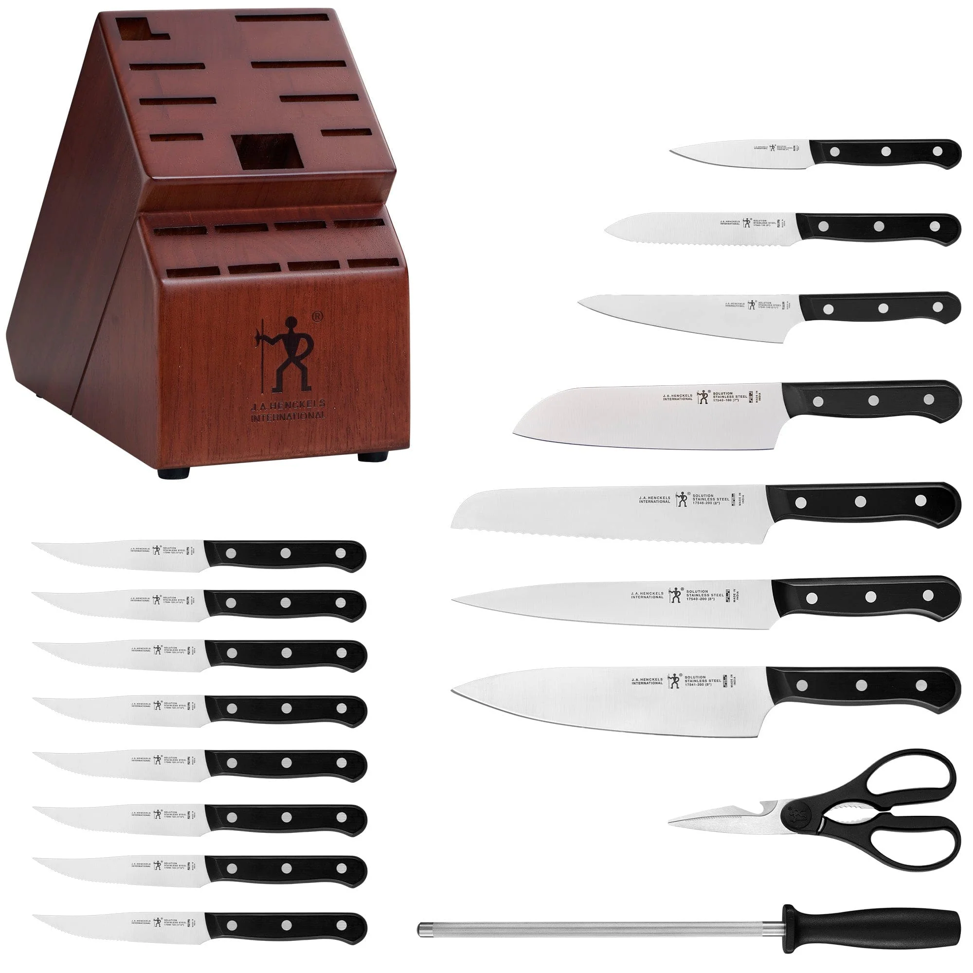Henckels Razor-Sharp Solution 18-pc Knife Set with Block, Chef, Steak, Utility, Dark Brown, Stainless Steel, German Engineered - Image 3
