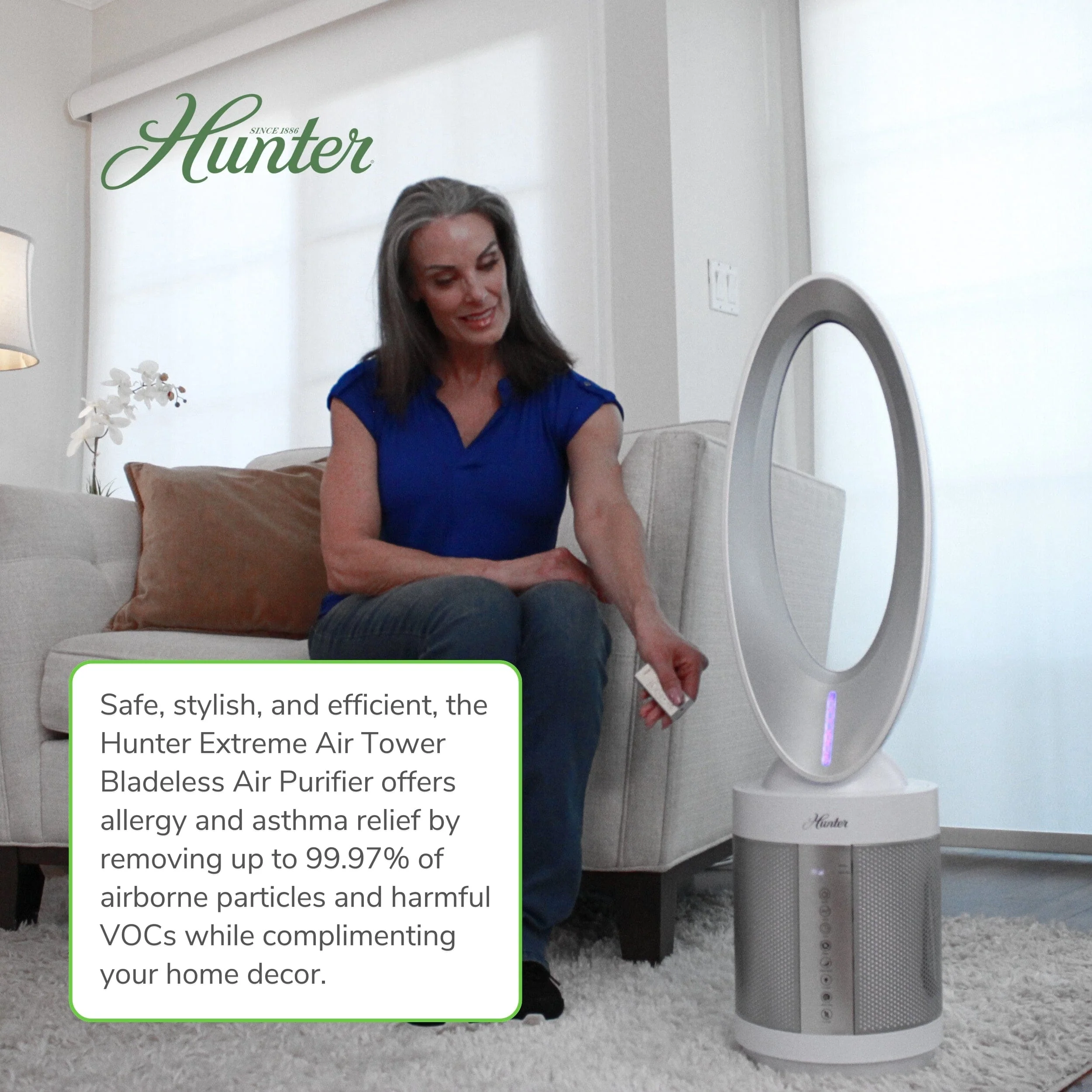 Hunter ExtremeAir Tower Bladeless Air Purifier Fan 2-in-1 for Home Combo, True HEPA, HPF520 - Image 6