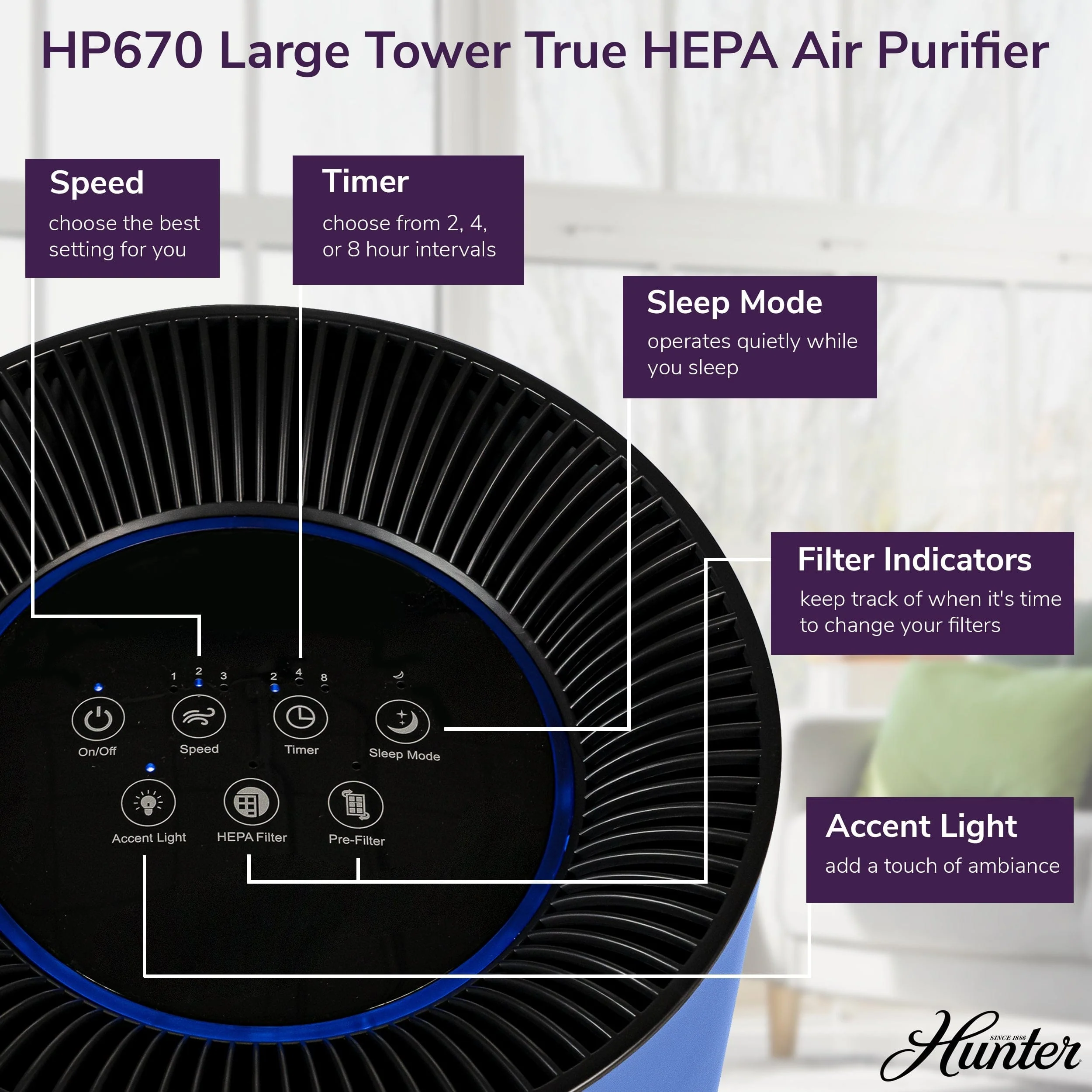 Hunter Large Tower True HEPA Air Purifier, for Allergies, Smoke + Pets, HP670 - Image 6