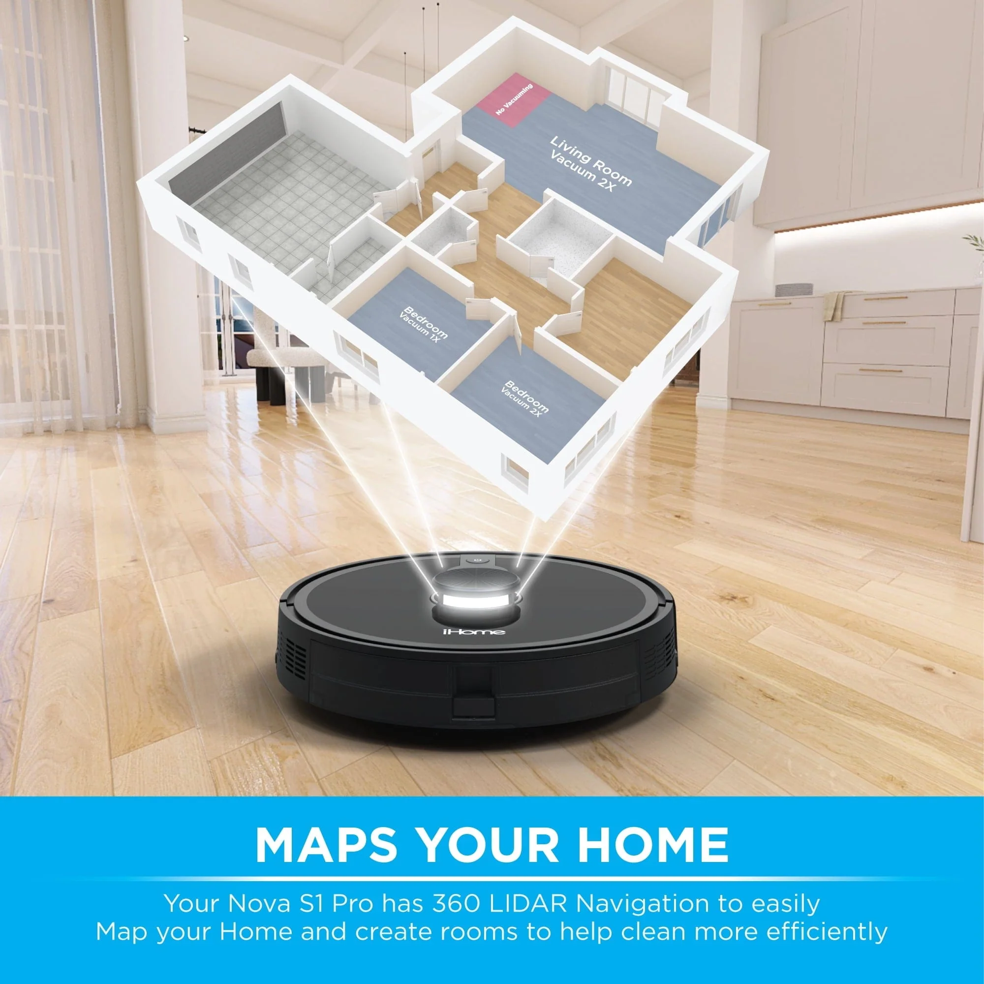 iHome AutoVac Nova S1 Pro Self Empty Robot Vacuum, LIDAR Mapping, 150 Min Runtime, Black - Image 3