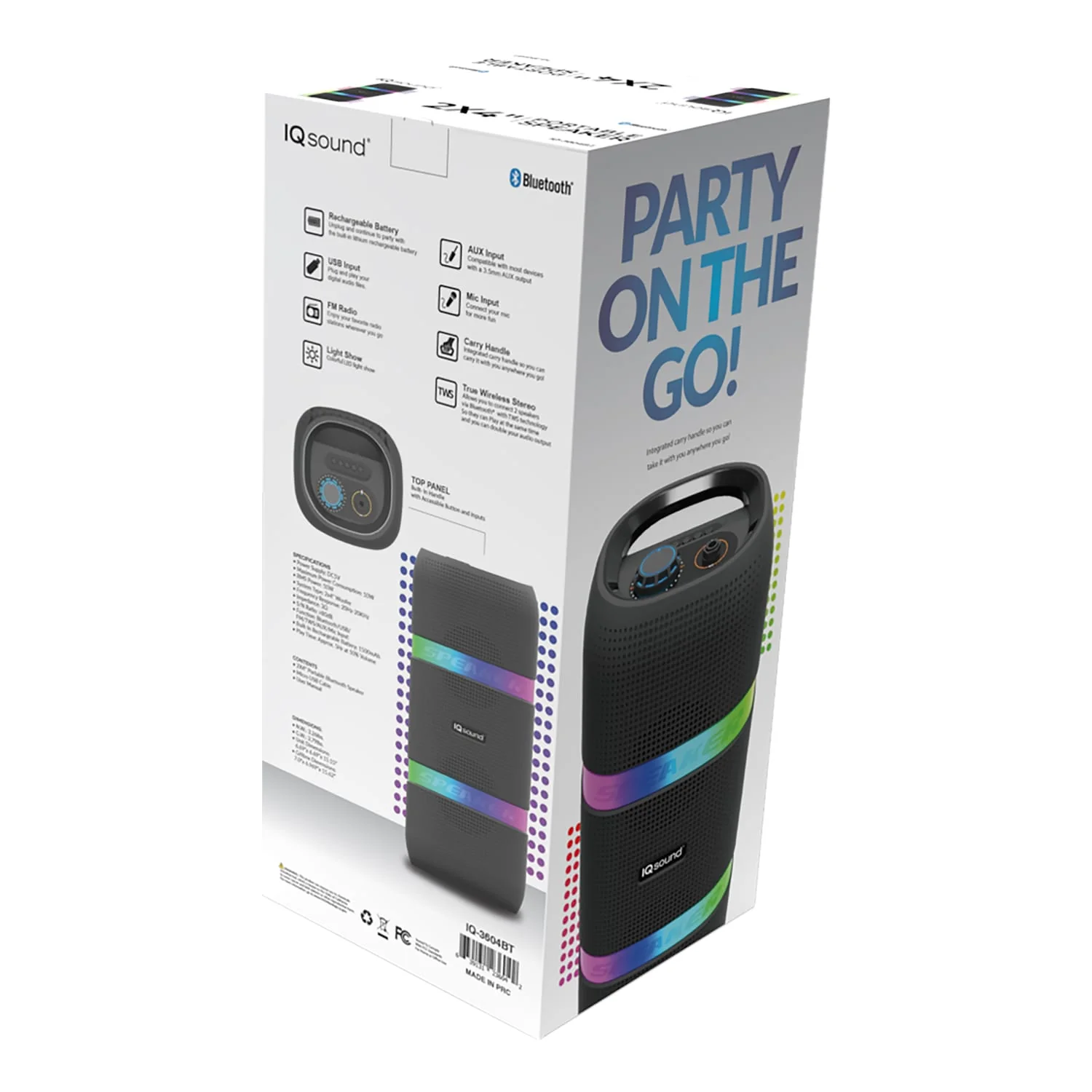 IQ Sound 10-Watt Portable Bluetooth Rechargeable Speaker with Dual 4-In Woofers, Lights, FM Radio, and Mic Input, IQ-3604BT - Image 4