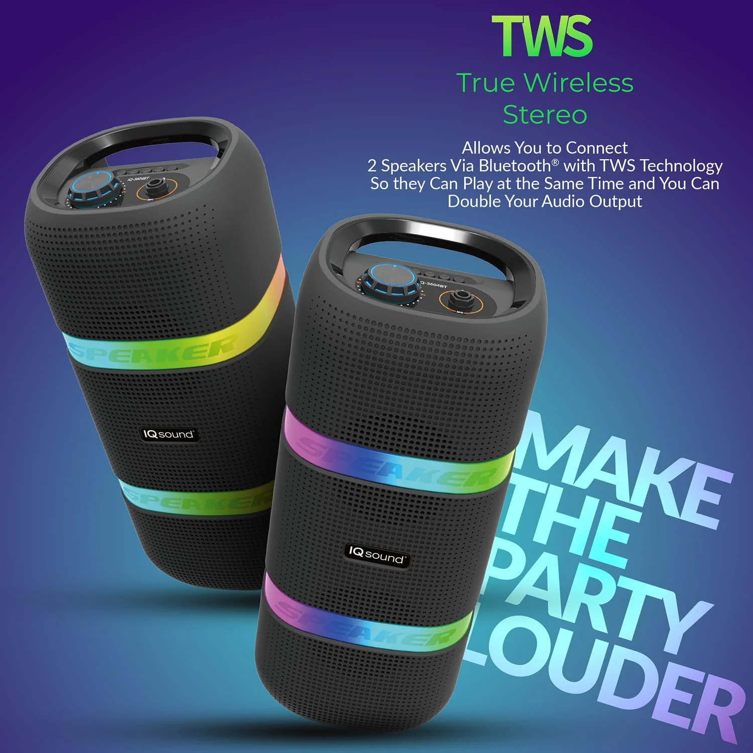 IQ Sound 10-Watt Portable Bluetooth Rechargeable Speaker with Dual 4-In Woofers, Lights, FM Radio, and Mic Input, IQ-3604BT - Image 5