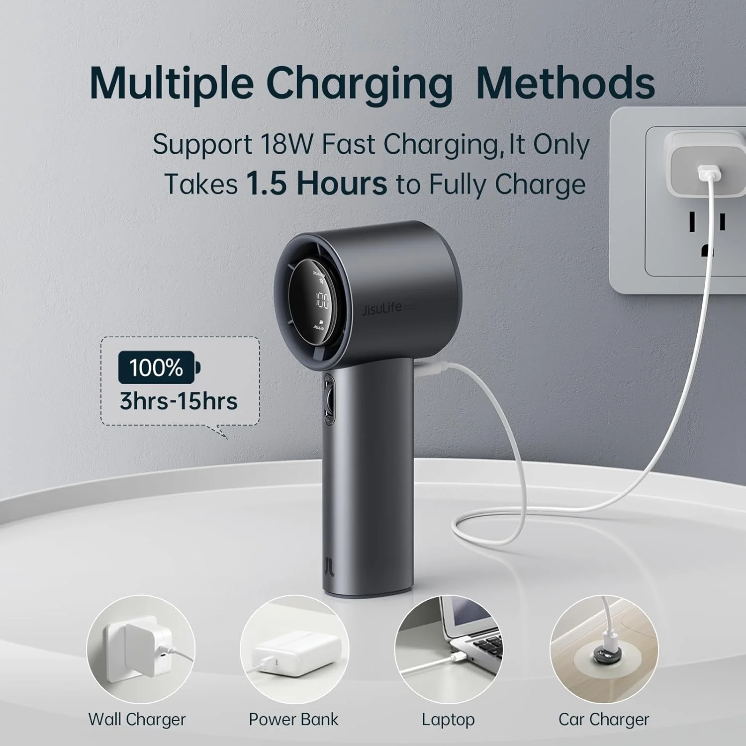 JisuLife Portable Handheld Fan Pro 1S, 1-100 Speed, Adjustable Turbo Mini Rechargeable Personal Fan, Dark Grey - Image 7