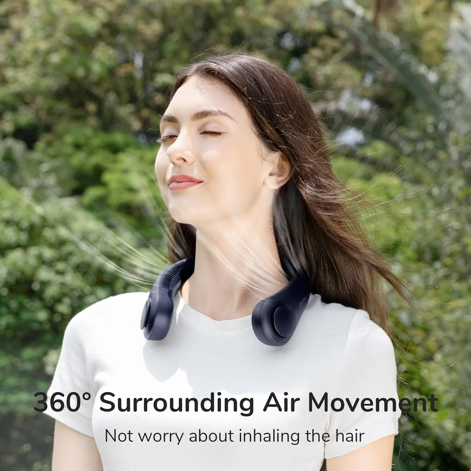 JisuLife Portable Neck Fan, Hands-Free Bladeless, 5-Speed, Wearable Personal Fan, Twistable, Rechargeable, Dark Grey/Blue - Image 3