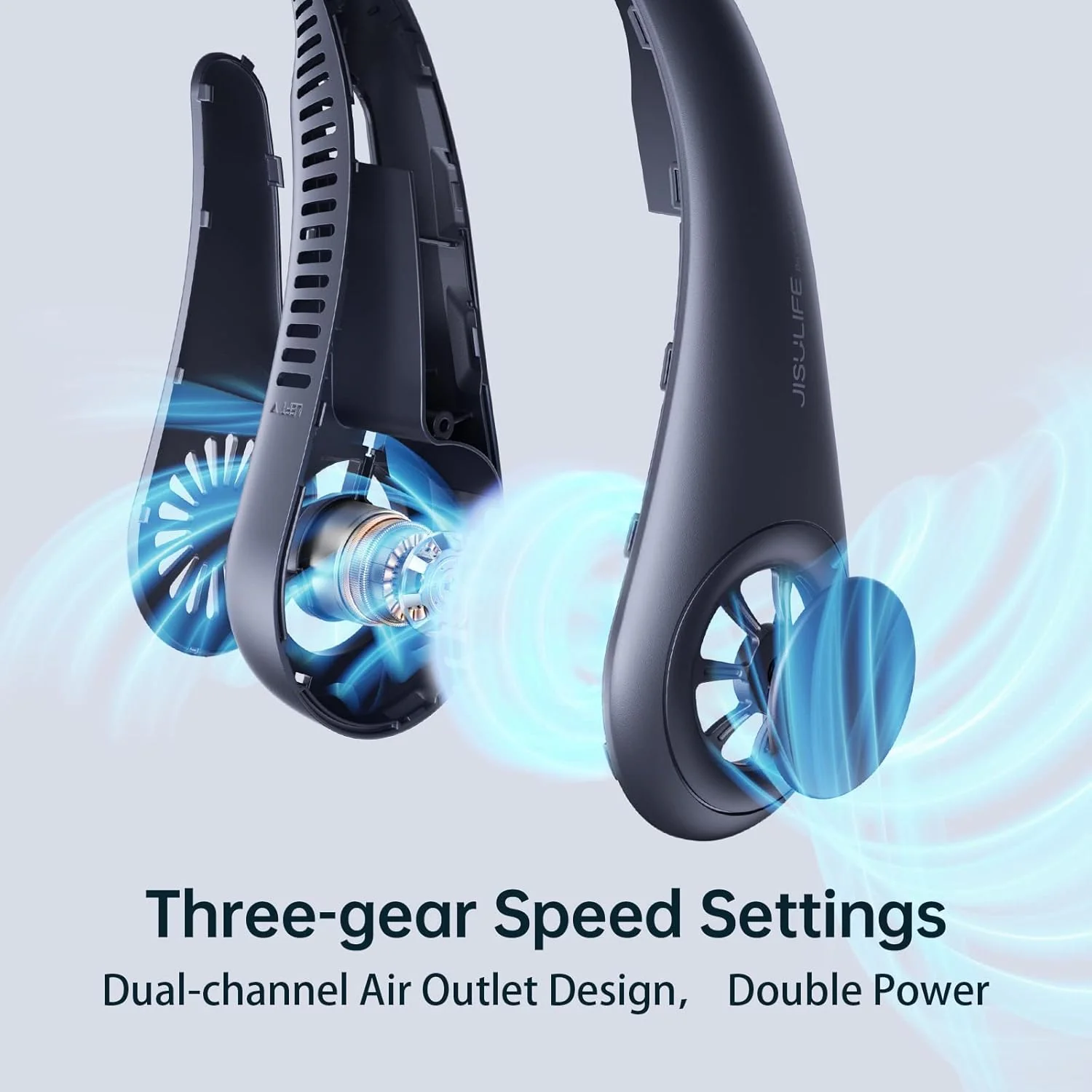JisuLife Portable Neck Fan, Hands-Free Bladeless, 5-Speed, Wearable Personal Fan, Twistable, Rechargeable, Dark Grey/Blue - Image 4