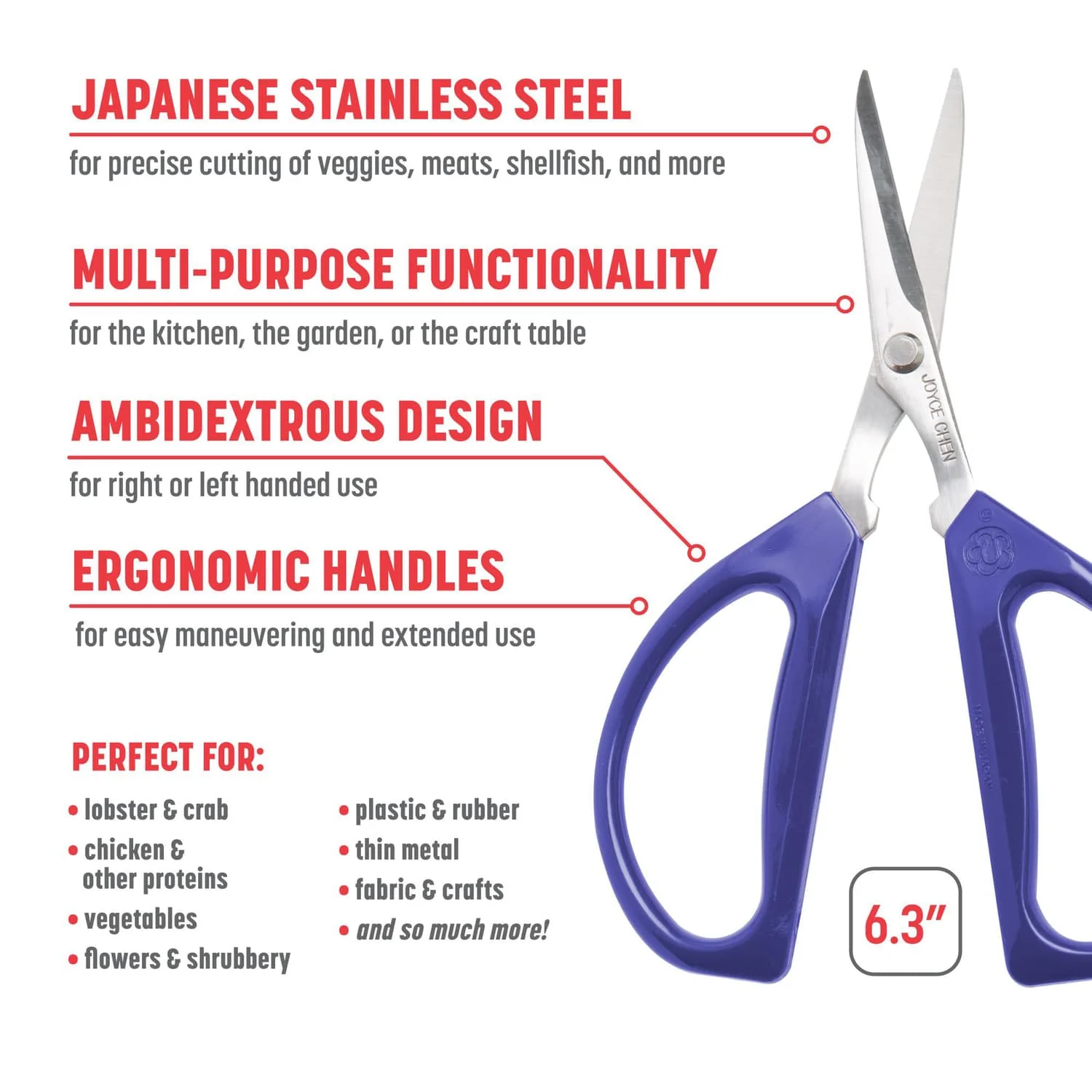 Joyce Chen 6.3-In. Original Unlimited Kitchen Scissors with Ergonomic Blue Handles, Ambidextrous, 2 Pack - Image 2