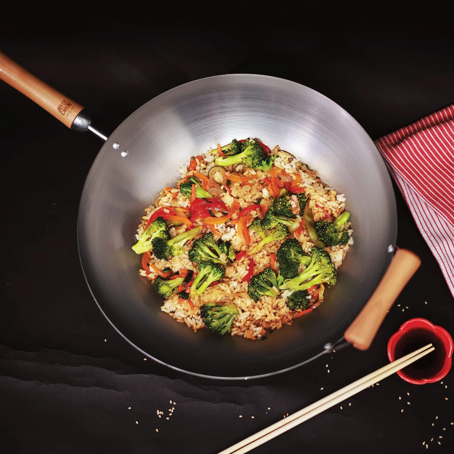 Joyce Chen Classic Series 14-In. Round Bottom Carbon Steel Wok with Birch Handles - Image 2