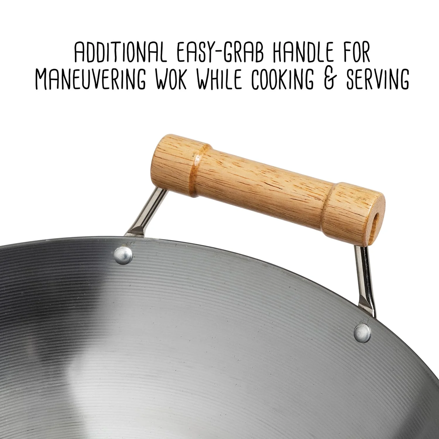 Joyce Chen Classic Series 14-In. Round Bottom Carbon Steel Wok with Birch Handles - Image 3
