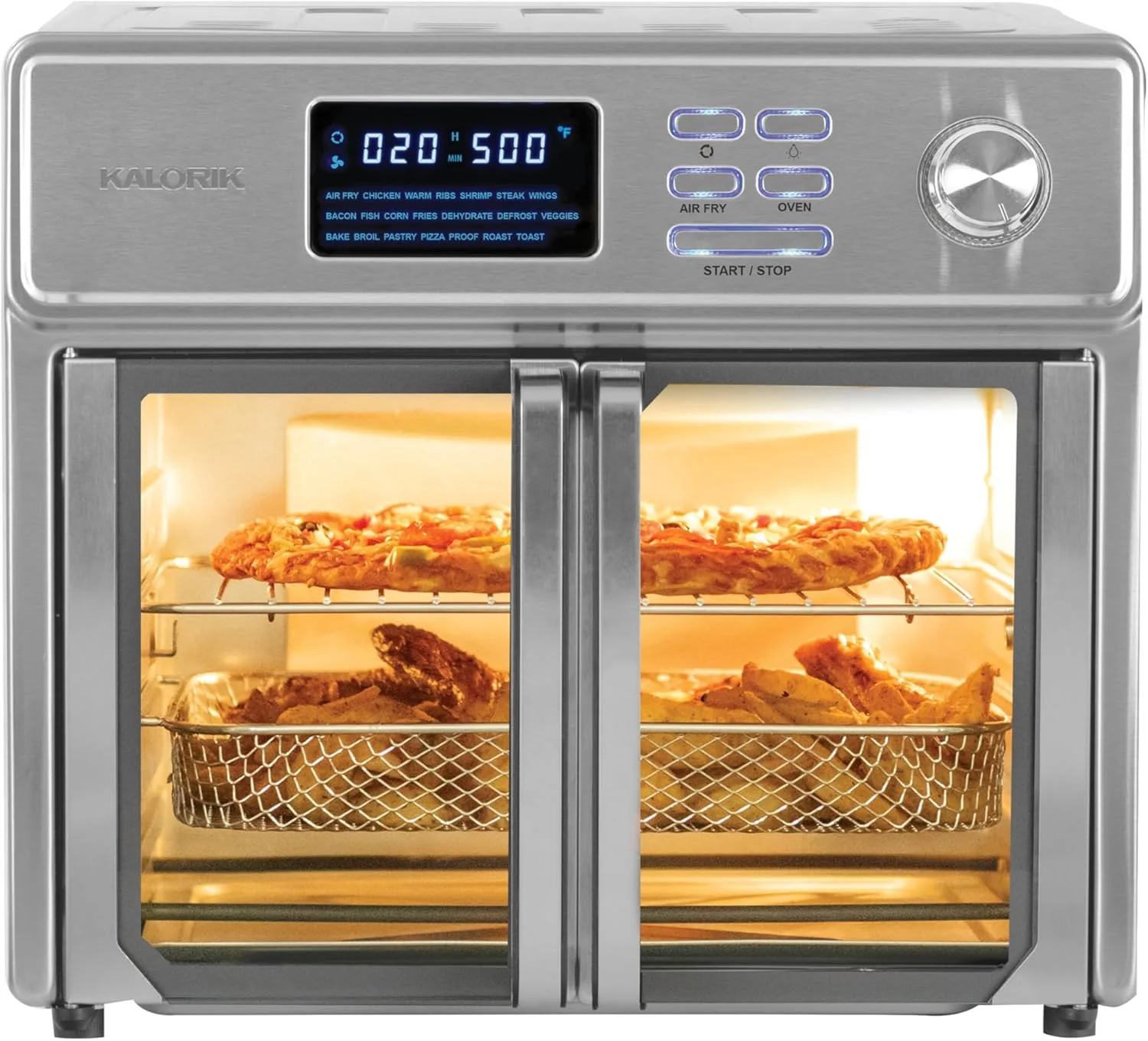 Kalorik MAXX 26 Quart 10-in-1 Countertop Toaster Oven & Air Fryer Combo, Glass French Door, 9 Accessories, 1700-Watts, Stainless Steel
