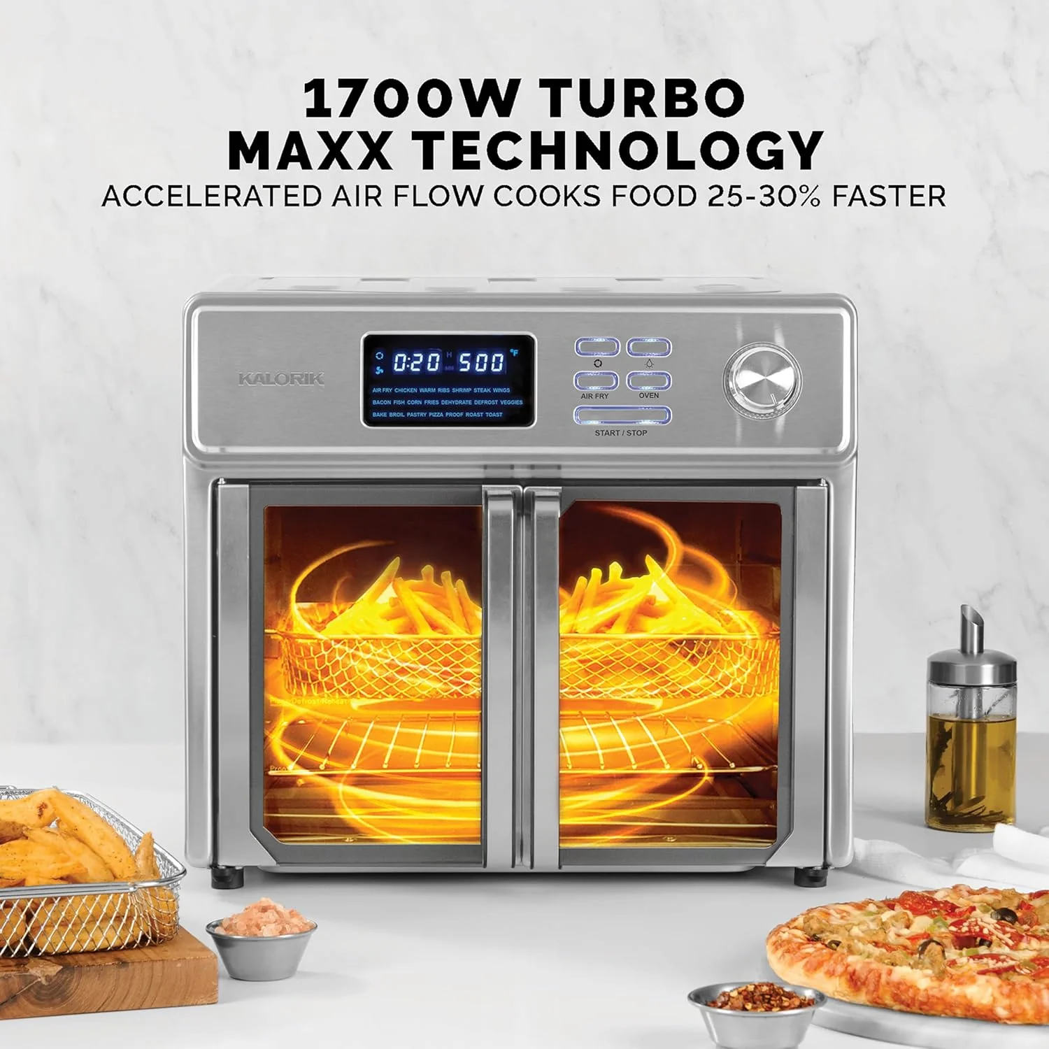 Kalorik MAXX 26 Quart 10-in-1 Countertop Toaster Oven & Air Fryer Combo, Glass French Door, 9 Accessories, 1700-Watts, Stainless Steel - Image 2