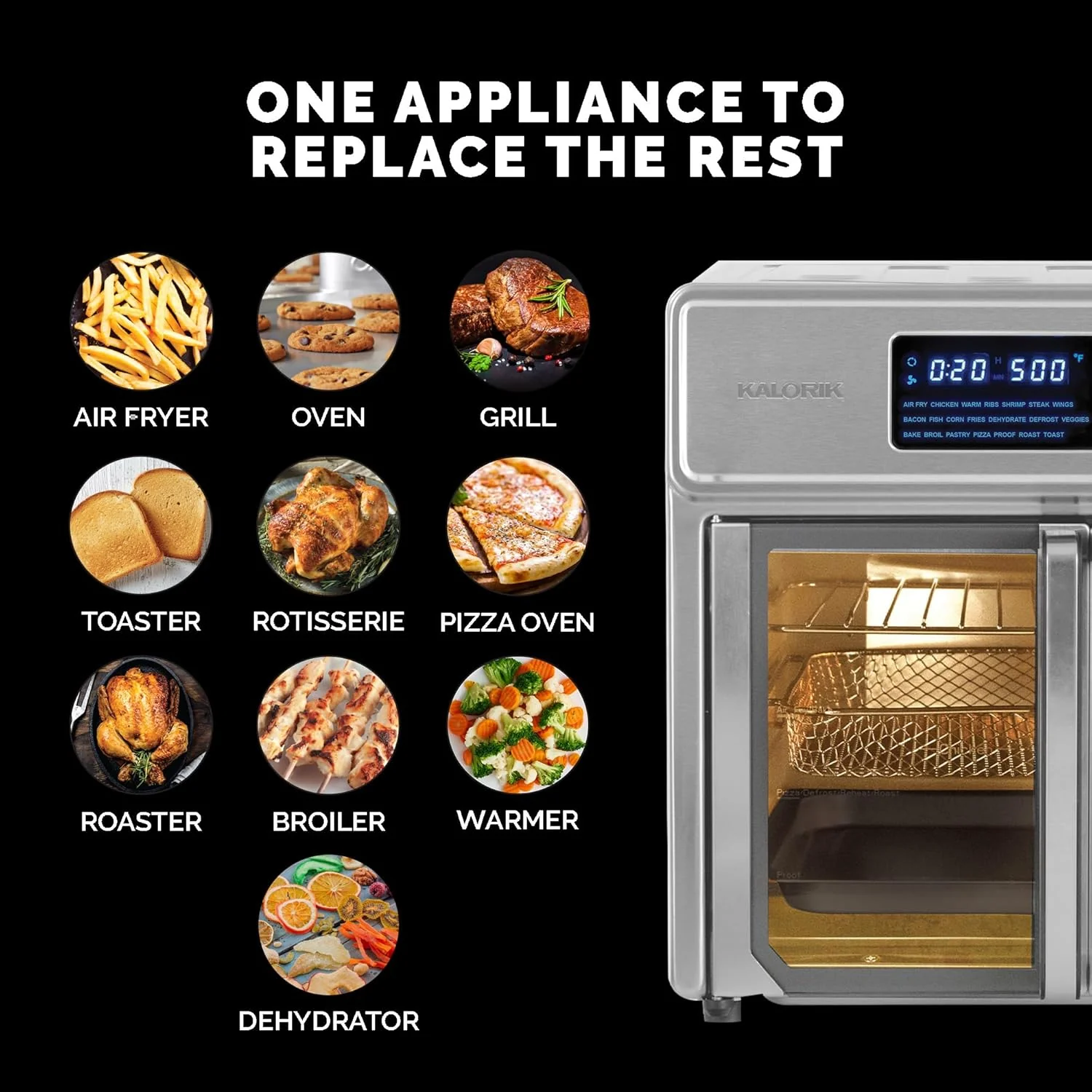 Kalorik MAXX 26 Quart 10-in-1 Countertop Toaster Oven & Air Fryer Combo, Glass French Door, 9 Accessories, 1700-Watts, Stainless Steel - Image 4