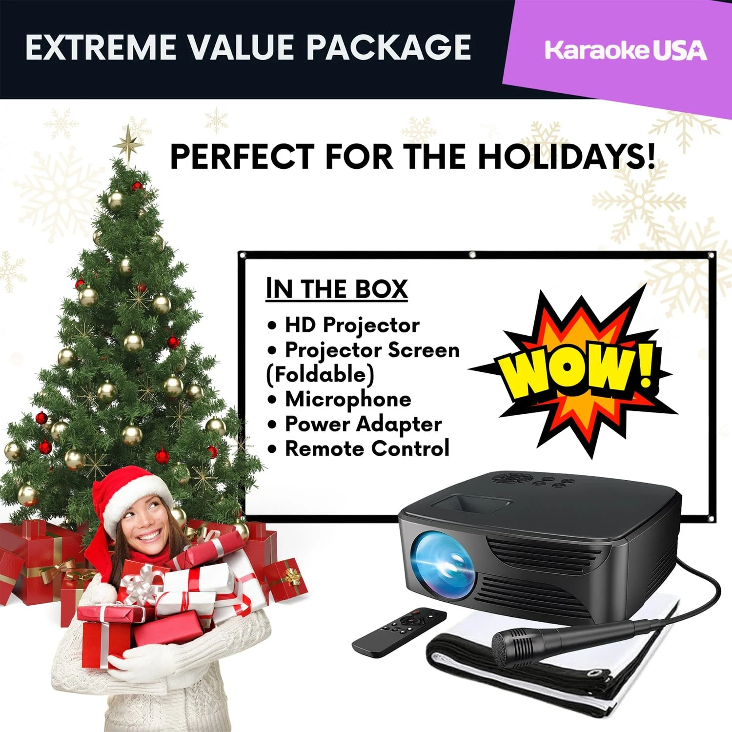 Karaoke USA All-in-1 720p Mini Bluetooth Projector Set with Screen, Karaoke Microphone, and Remote - Image 2