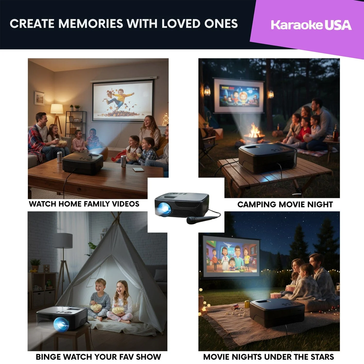 Karaoke USA All-in-1 720p Mini Bluetooth Projector Set with Screen, Karaoke Microphone, and Remote - Image 3